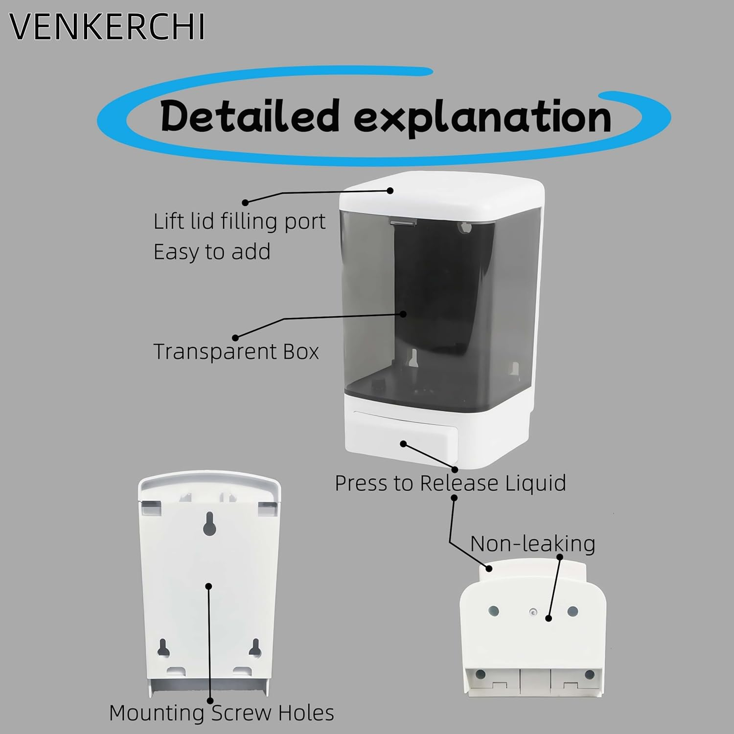 Manual Soap Dispenser Kitchen Bathroom Hand Wall Mounted Dispensers Commercial for Liquid Containers Shampoo Gel Chamber Plastic - 1000Ml(33.8 Oz) image number 2