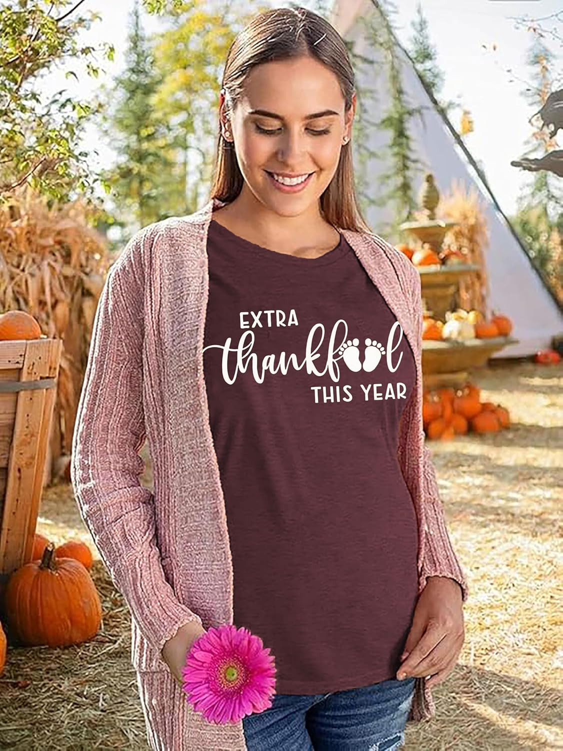Thanksgiving Pregnancy Shirt Thankful Maternity Tees Cute Turkey Graphic Pregnancy Announcement Fall Tops Pregnancy Shirt image number 2