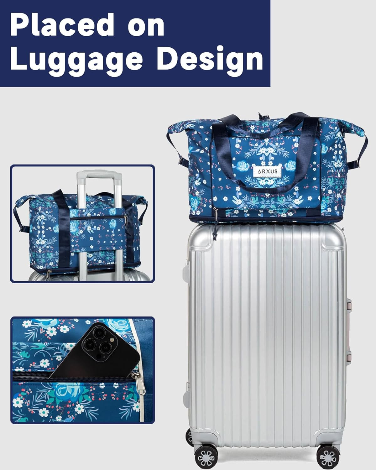 Arxus Large Folding Travel Duffle Bag, Expand Carry on Overnight Tote Bags for Women Airplanes with Luggage Sleeve, Waterproof Gym Weekend Bag with Wet Pocket