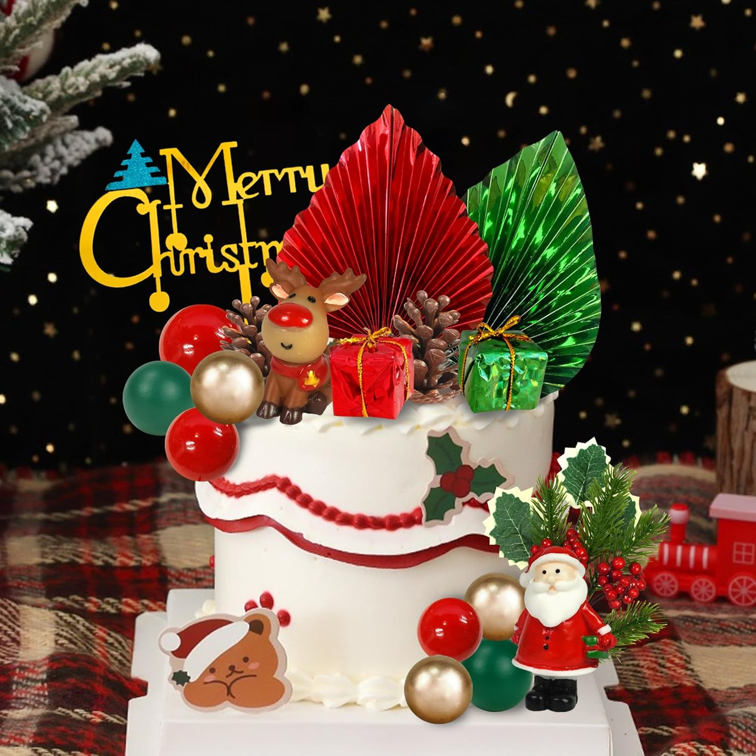 20 PCS Christmas Cake Toppers Merry Cake Decoration with Green Red Palms Tree Mini Santa Reindeer for Christmas Themed Birthday (Style 1)
