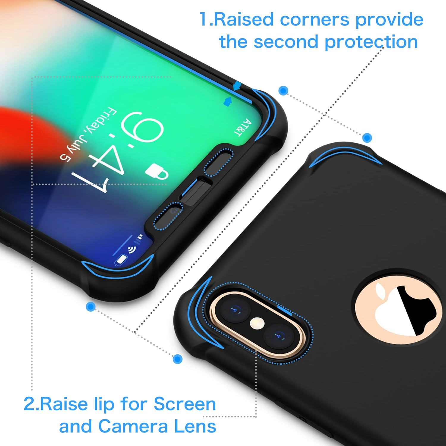 ORETECH Compatible with Iphone X Case Iphone Xs Case with [2 X Tempered Glass Screen Protector] 360&deg;Full Body Shockproof Case Ultra Thin Hard PC Silicone Case Cover for Iphone X/XS 5.8'' - Black - Blue image number 3