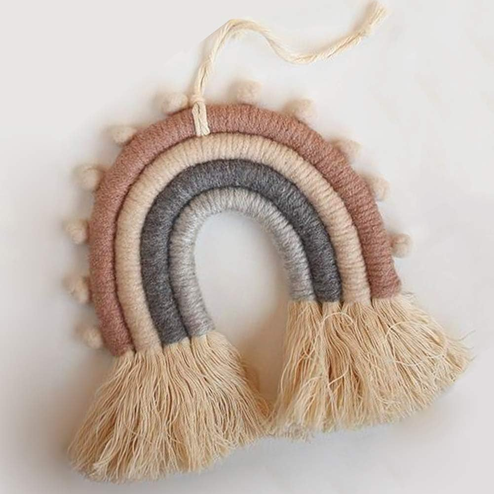 Rainbow Macrame Wall Hanging, Nursery & Home Wall Decor, Bohemian (Pom Pom Trim, 5X5.5X0.39In)