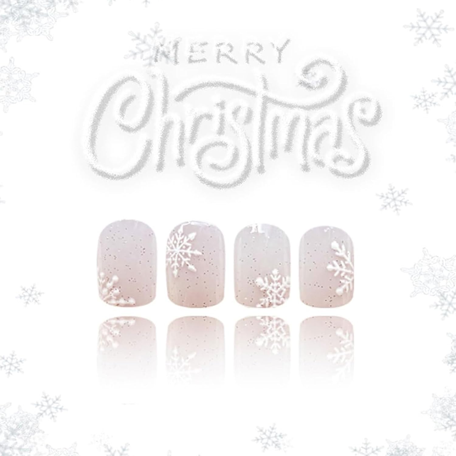 Celblisora 24 Pieces Winter Stick on False Nails Short Square Nails Snowflake Christmas White Glitter False Nails for Women image number 4