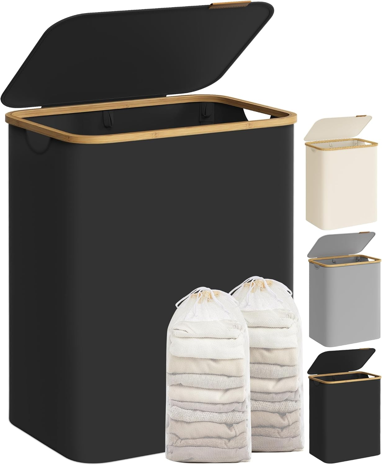 SONGMICS Laundry Hamper with Lid, Slim Laundry Basket, 17.2 Gallons (65L), Space-Saving, Removable Mesh Liner, Bamboo Handles, Collapsible, 16.5 X 8.9 X 27.8 Inches, Dove Gray ULCB506G01