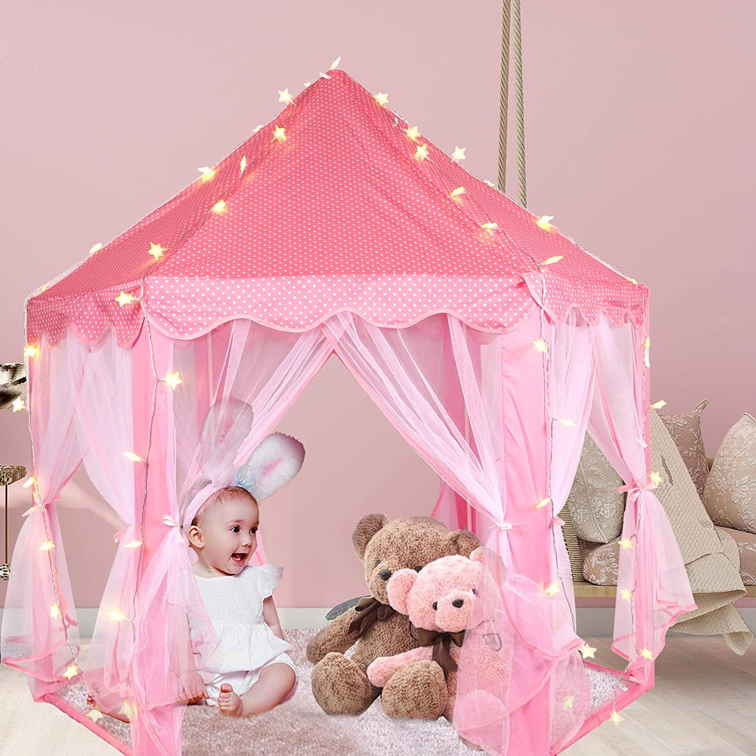 Volscity Princess Tent for Girls,Kids Castle Play Tent with LED Star Lights,Large Playhouse Girl Toy Gifts Age 3+,Indoor and Outdoor Games 55.5"X 53"(Dxh) Pink (Pink) image number 6