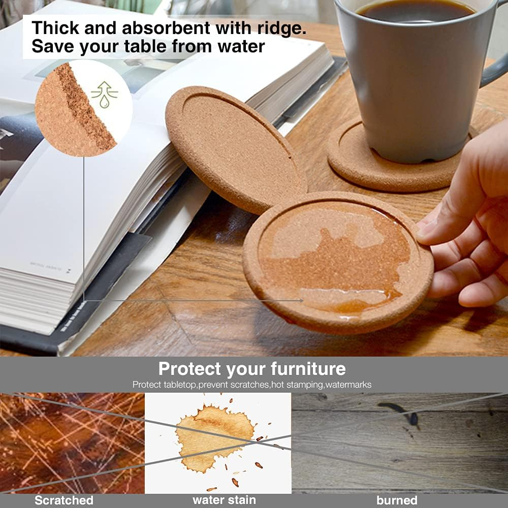 Natural round Cork Coasters for Drinks with Lip Edge Absorbent Heat and Water Resistant Reusable Durable Saucers for Bar Glass Cup/Mug Coffee Coasters (2, PCS) image number 4