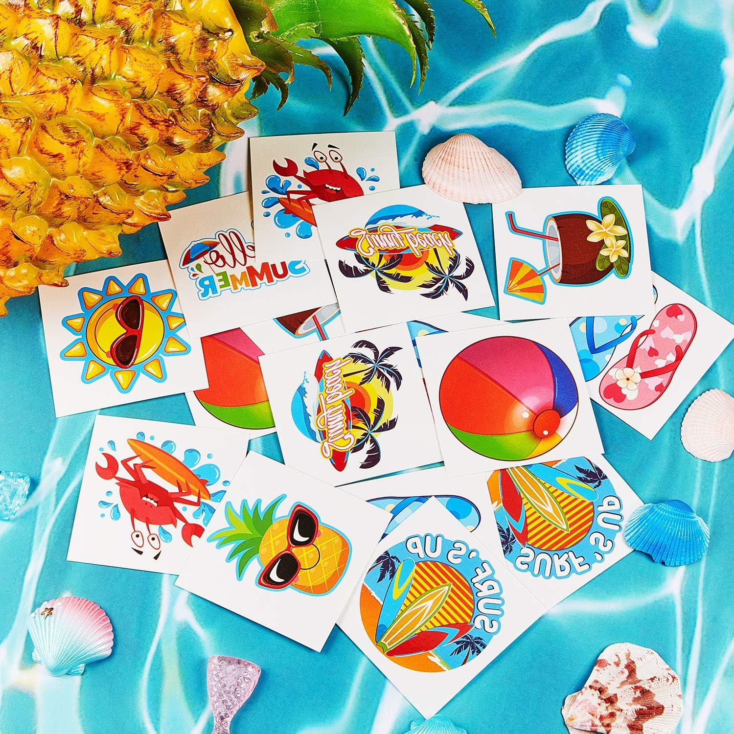144 Pieces Kids Tattoo Summer Party Tattoo Hawaiian Luau Themed Tattoos Tropical Beach Tattoos Waterproof Temporary Tattoos Stickers Party Decoration Supplies for Adults, 9 Styles