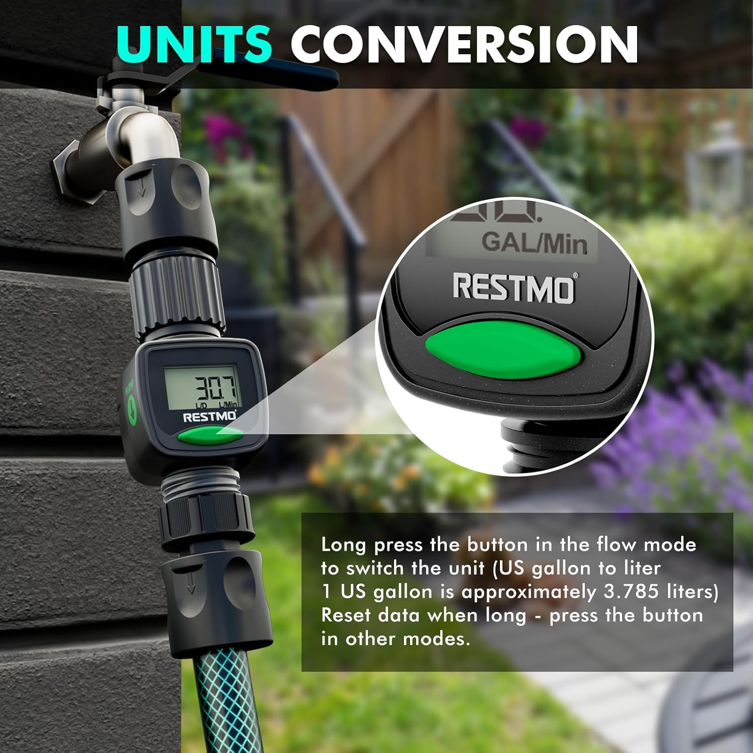 RESTMO Water Flow Meter, High Measure Accuracy, Measure Gallon/Liter Consumption and Flow Rate for Garden Hose Watering, RV Water Tank Filling, Lawn Sprinkler, Irrigation System image number 4