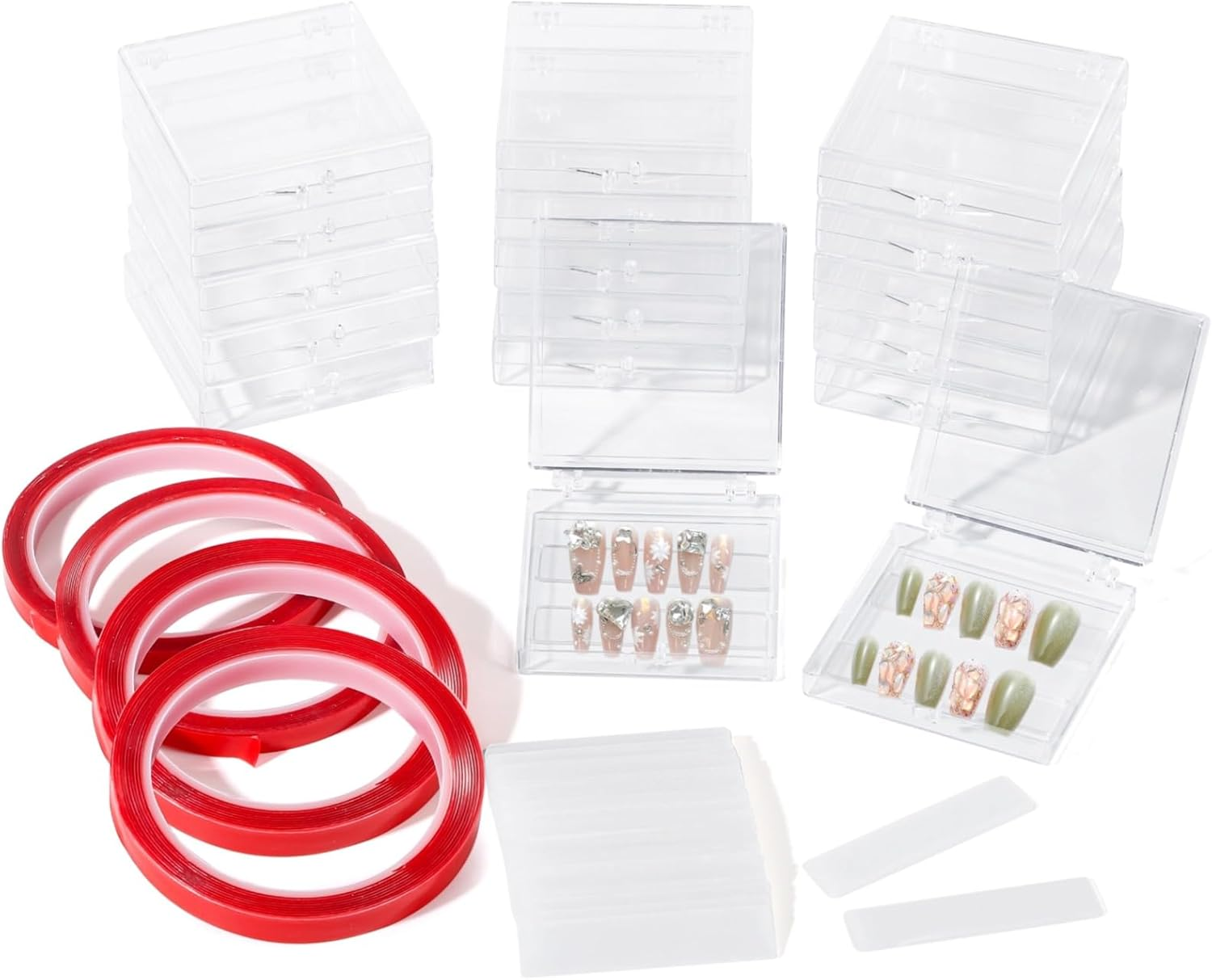 YOFAPA 50 Pcs Press-On Nail Storage Boxes, Clear Acrylic Nail Containers with Double Sided Tapes & Display Strips, Artificial Nail Storage Cases, Transparent Nail Organizers for Nail Art Display image number 1