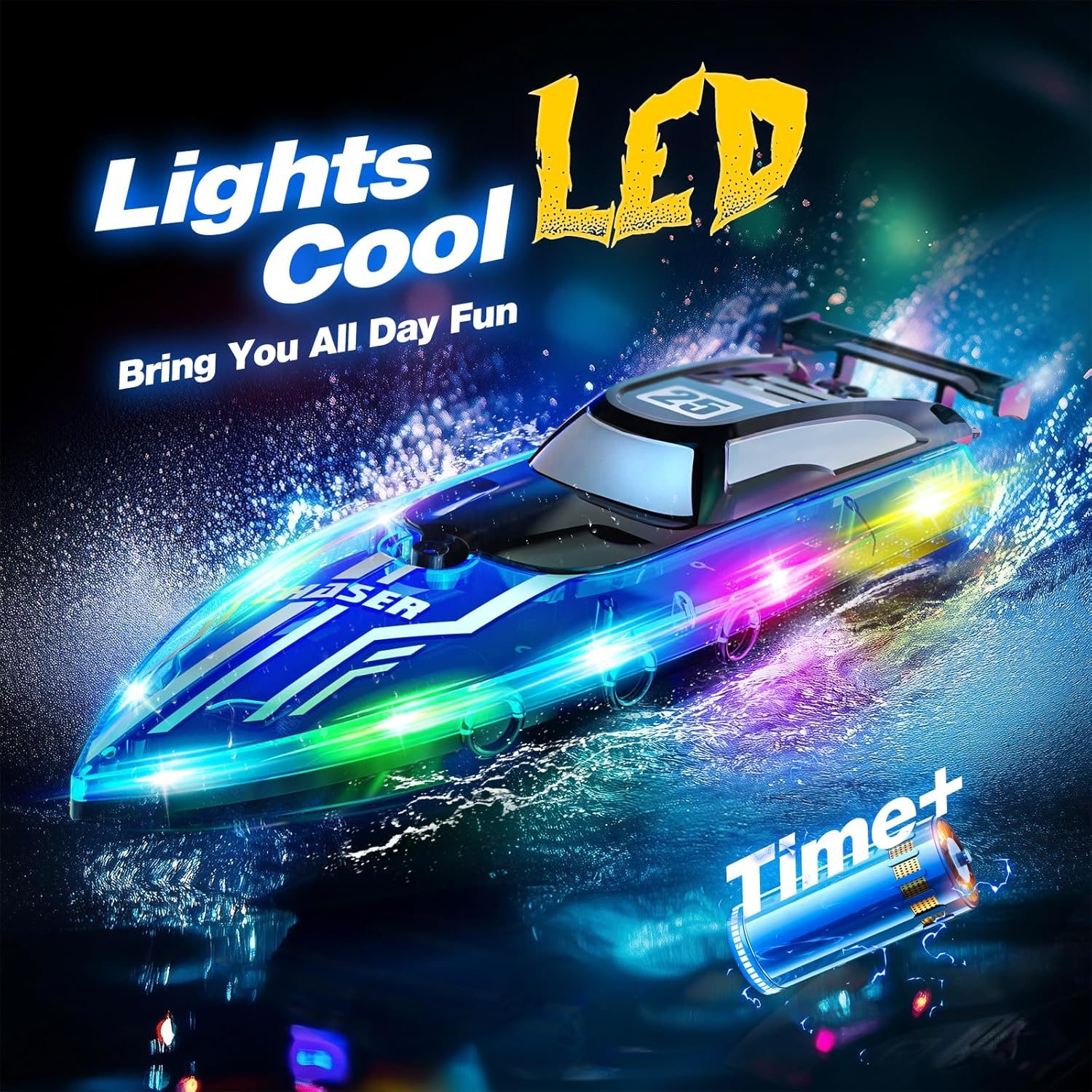 RC Boat with Dazzling LED Lights & US Flag,2.4Ghz Remote Control Racing Boats for Kids 8-12,Toy Water Boat for Pools and Lakes with Waterproof for Boys Girls Blue image number 4