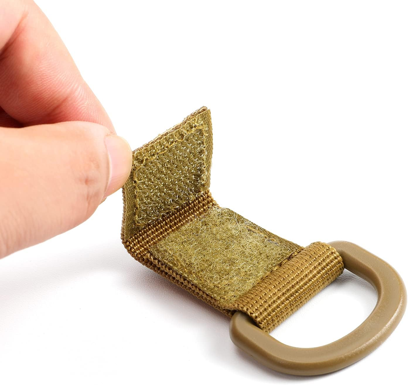 Tactical D-Ring Clip with Hook & Loop for Backpack Accessories Kettle Key Holder, Military D-Ring Adaptor for Molle Bags Webbing Attachment Strap - Coyote Brown-4Packs image number 2