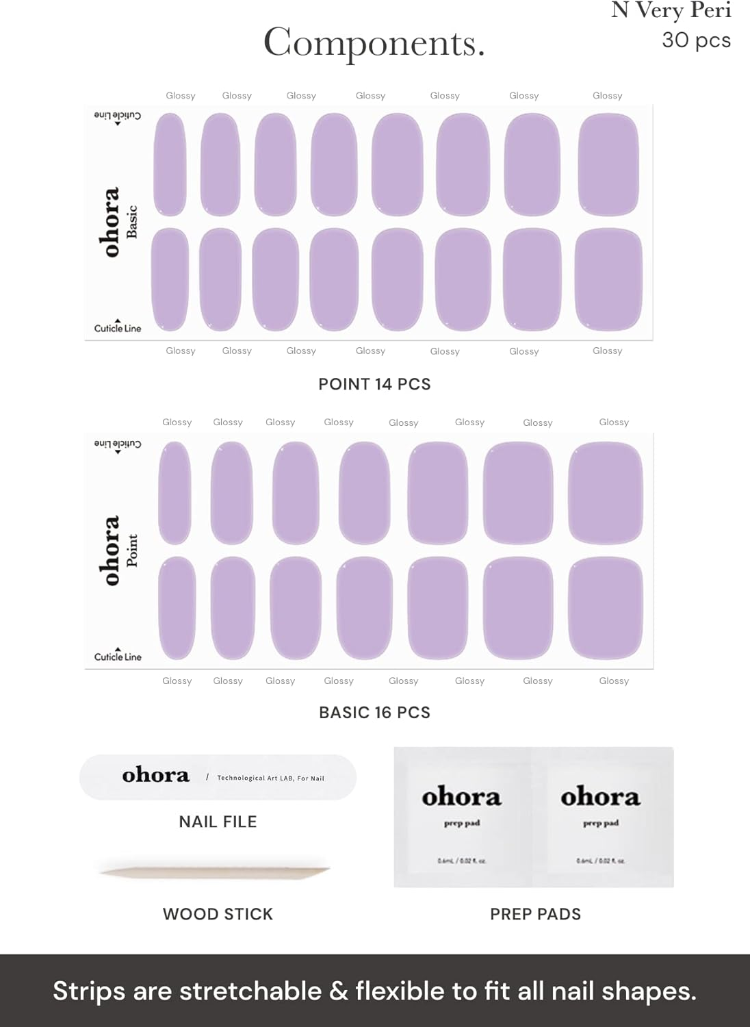 Ohora Semi Cured Gel Nail Strips (N Cream Very Peri) - Purple, Solid, Works with UV/LED Lamps, Salon-Quality, Long Lasting, Easy to Apply & Remove - Includes 2 Prep Pads, Nail File & Wooden Stick image number 2