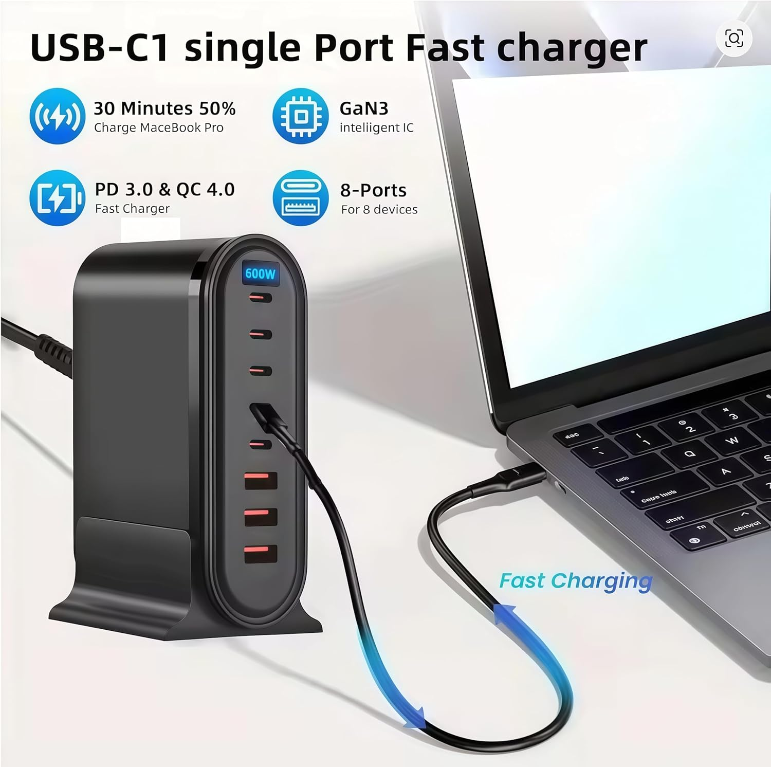 600W USB C Fast Charger Block,8 Port USB Charging Station,Gan III Fast Charging Station Hub,Pd 3.1 140W Laptop Charger Adapter Compatible with Macbook DELL Iphone Galaxy