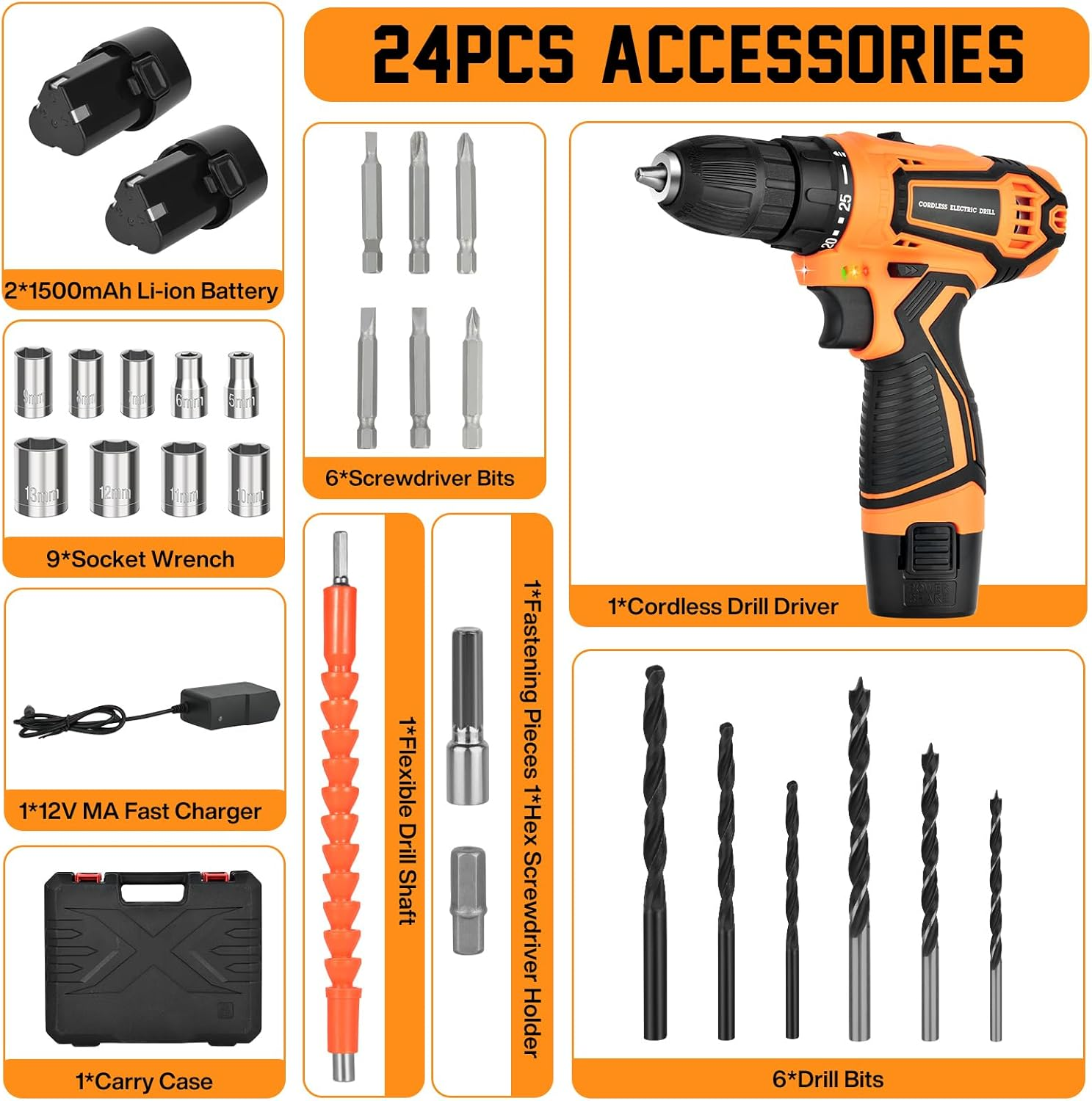 SHAVINGFUN Cordless Drill Driver,Electric Screwdriver Set with 2 Batteries 2.0Ah, 25+3 Torque, 24PCS Drill Bits, 2 Speed, LED Light for DIY Project - 45N.M Max Electric Screwdriver Drill Kit image number 5