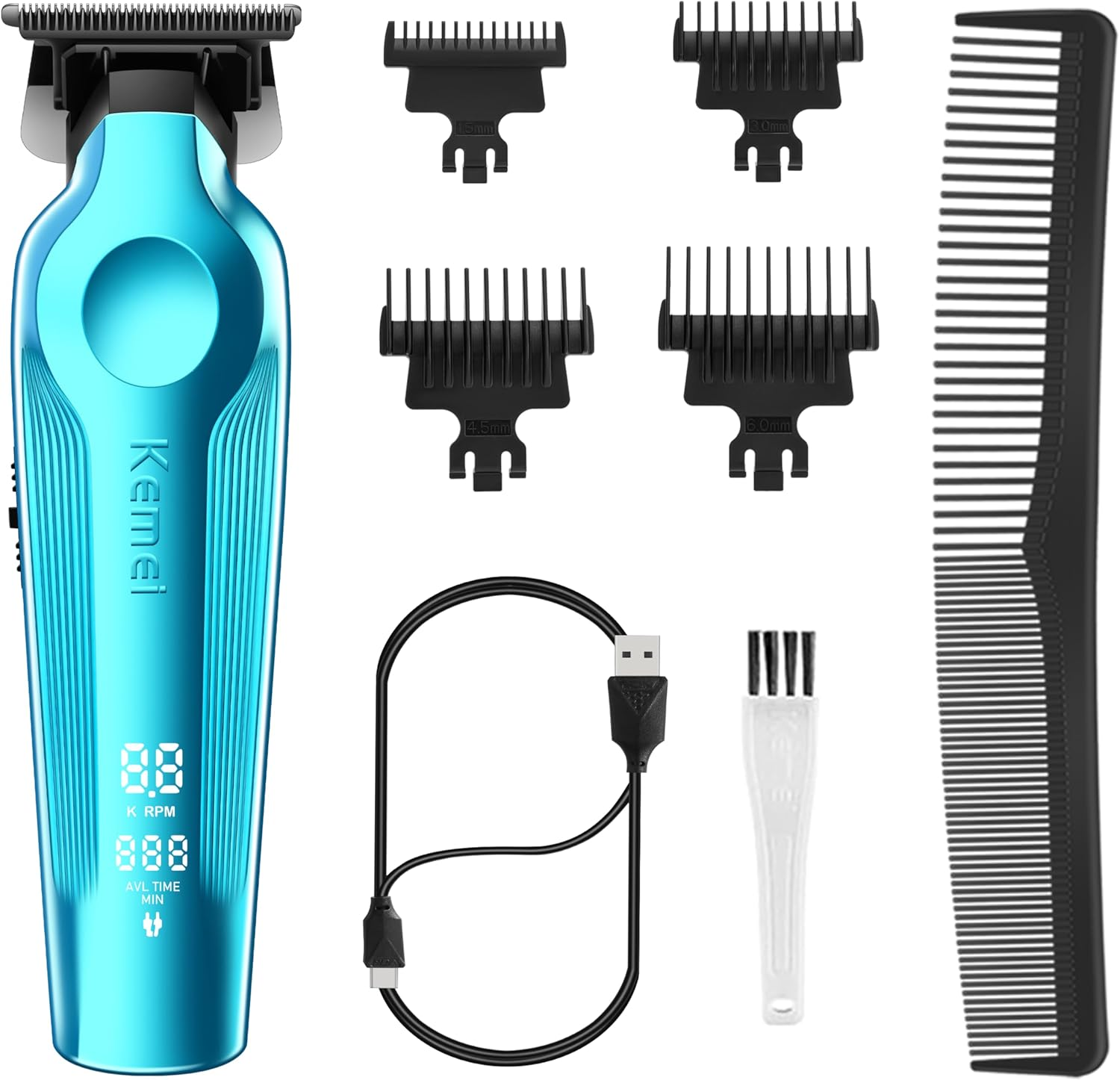 KEMEI Hair Trimmer for Men, Zero Gapped Cordless Hair Clippers Beard Trimmers with T Blade, Rechargeable Barber Clipper with LED Display, Blue