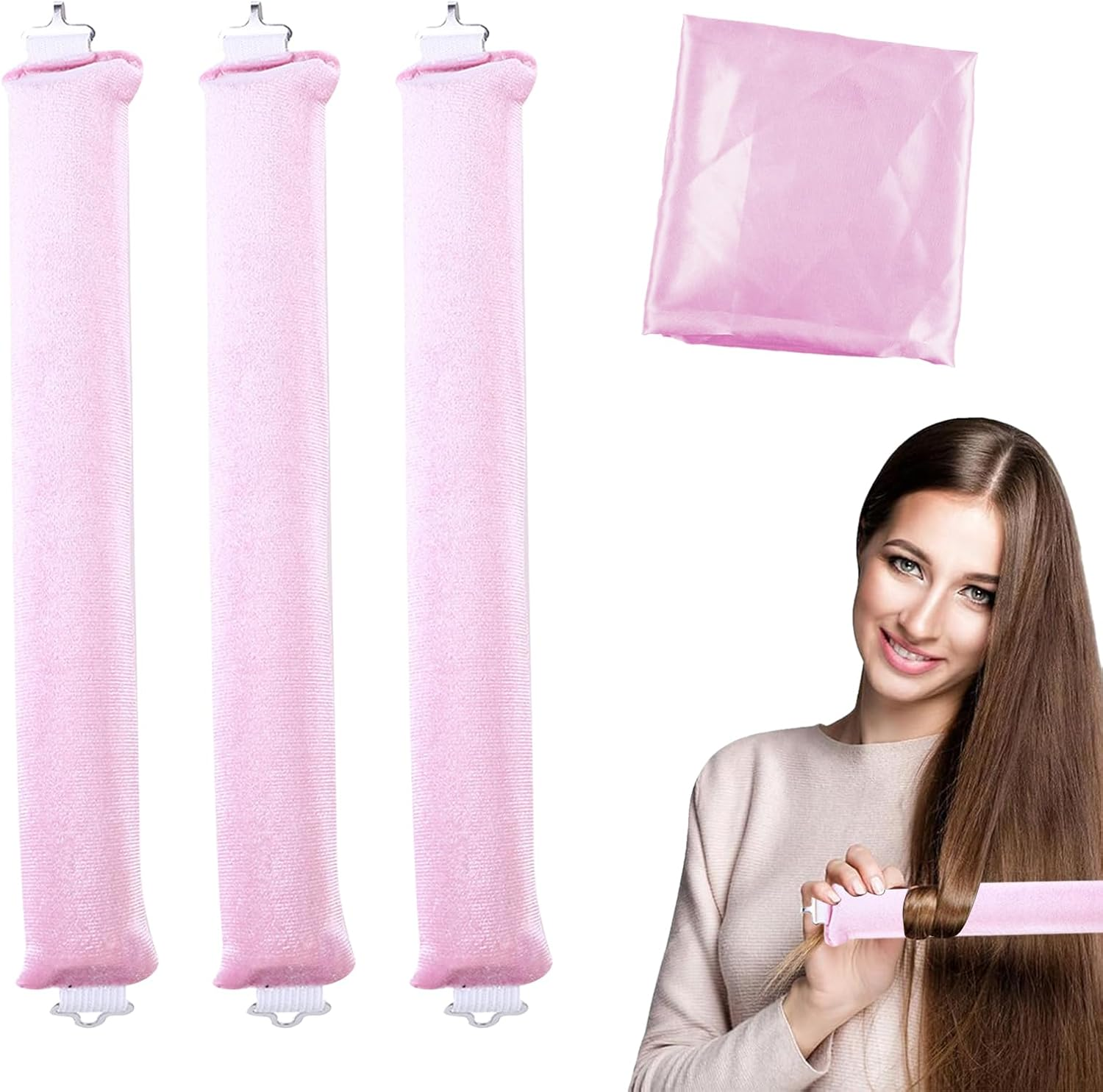 Pack of 3 Heatless Curls, Flexi Rods with Hooks, Overnight, for Different Hair Types, Long and Short Hair (Pink, M) image number 6