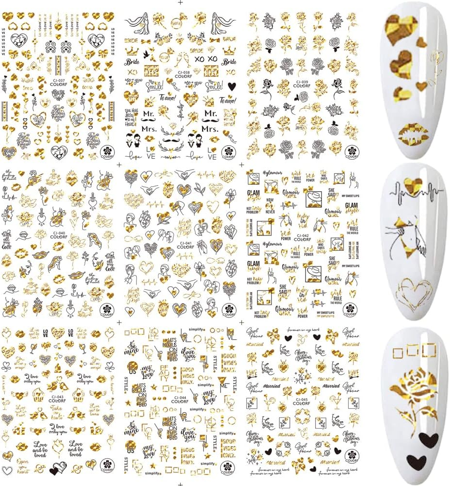 9 Sheets Valentines Day Nail Art Stickers 3D Metallic Black Gold Valentine'S Day Nail Decals Metal Abstract Nail Stickers Love Heart Kiss Rose Lips Designs for Valentines Nail Art Decorations image number 2