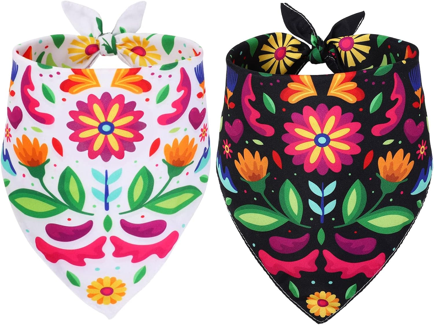 Whaline Mexican Dog Bandana Floral Dog Bandana Cinco De Mayo Fiesta Pet Scarf Double-Sided Adjustable White Black Flower Pet Neckerchief for Small Medium Large Cat Dog Carnival Accessories, 2 Pack image number 6