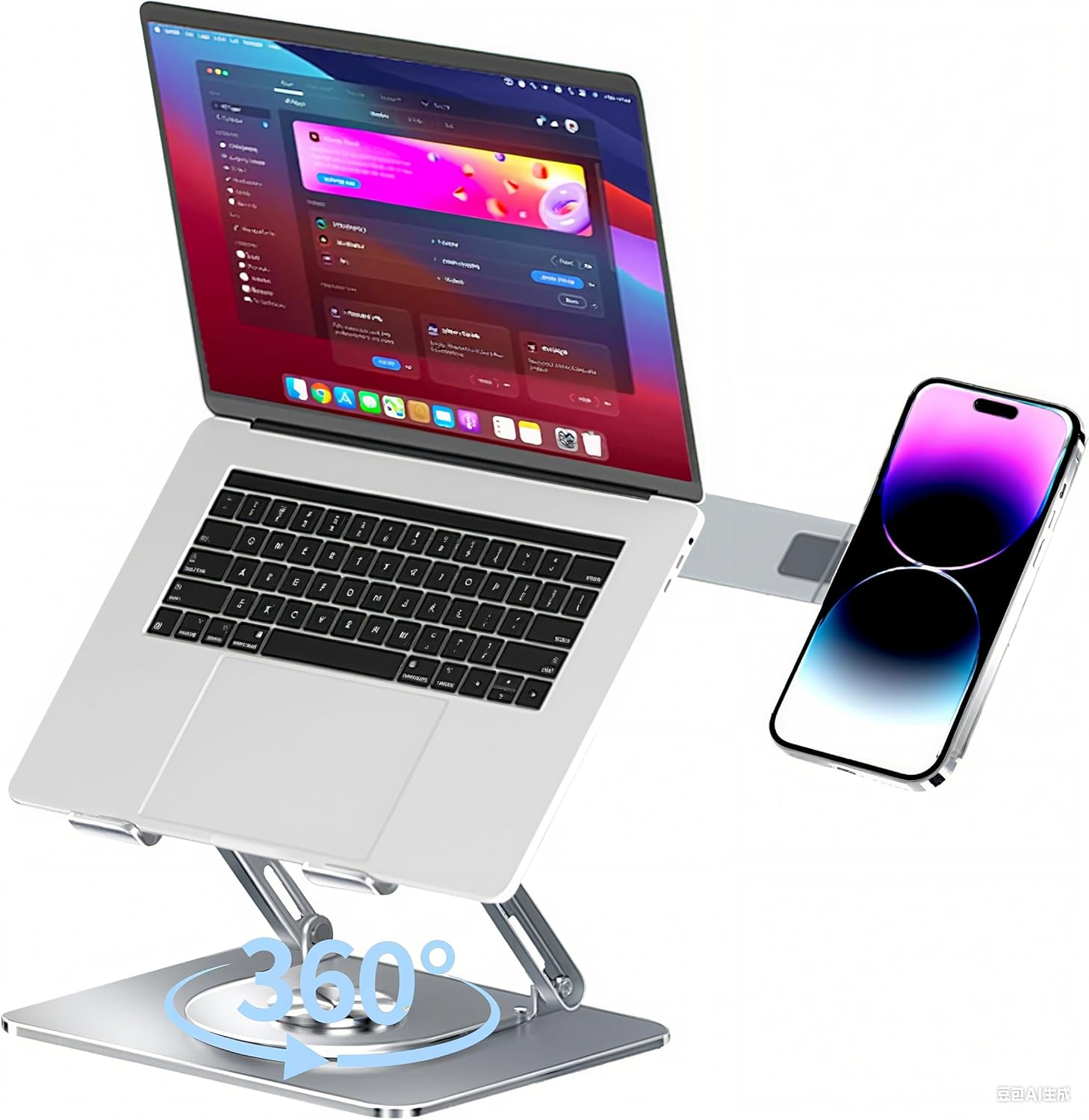 ALUCKKEY 360&deg; Rotating Laptop & Phone Stand, Heavy Duty Foldable Riser with Cooling Vents, Fits up to 17.3" Laptop, Tablet & Mobile, Compatible with Air, Pro, Dell, HP, Lenovo, Silver image number 3