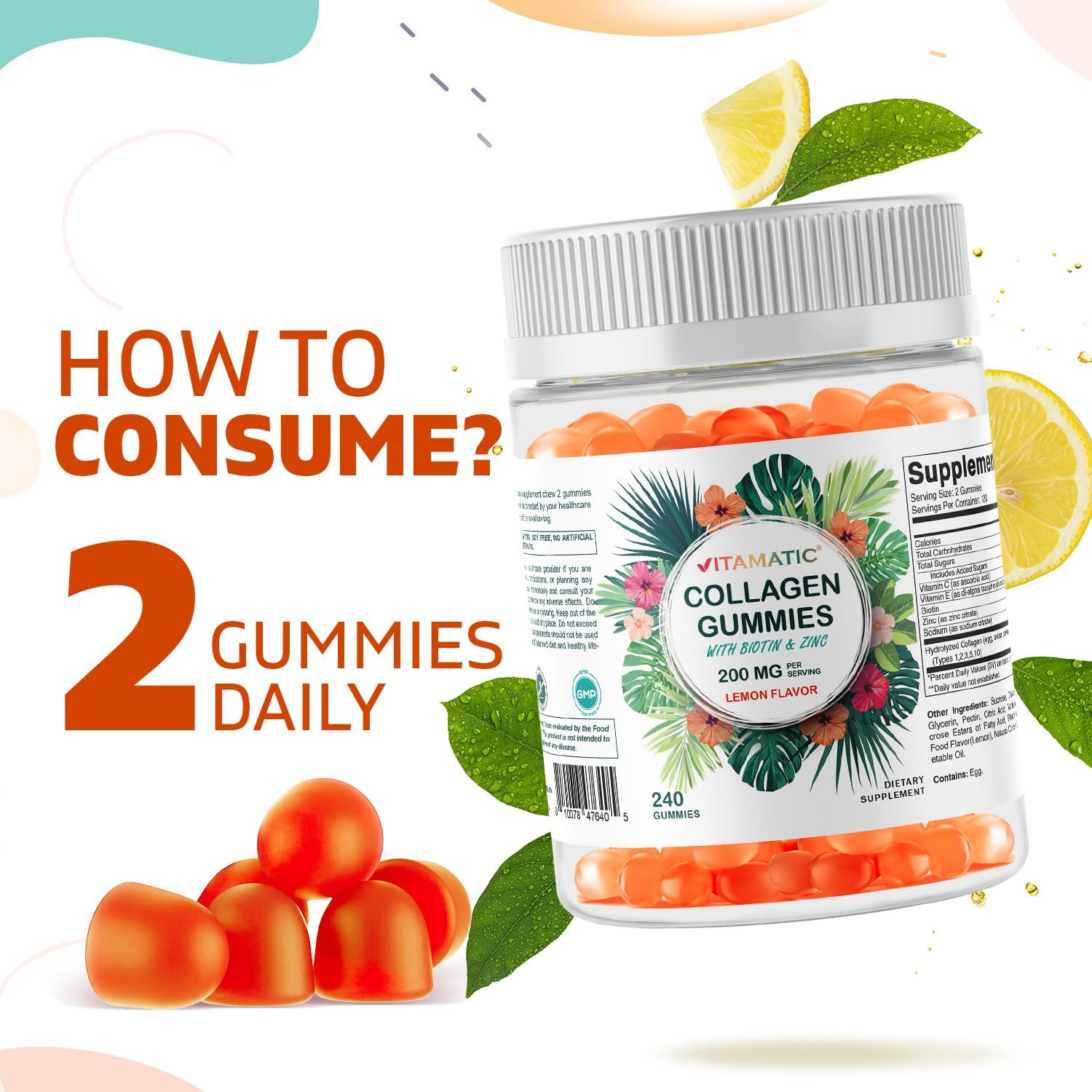 Vitamatic Hydrolyzed Collagen Gummies with Vitamin C, Zinc and Biotin, 200 Mg - Healthy Skin Support - 240 Gummies image number 1