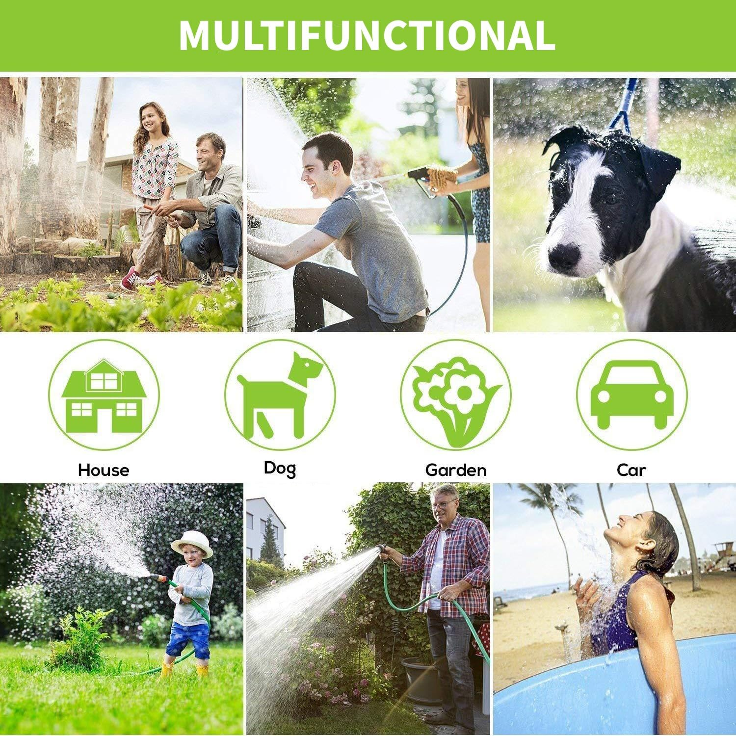 Flexible Garden Hose, Flexible Hose, Extendable 8 Spray Functions, Quick Adapter and Wall Mounted Car Wash and Pet Bathing (Green, 22.5 M)