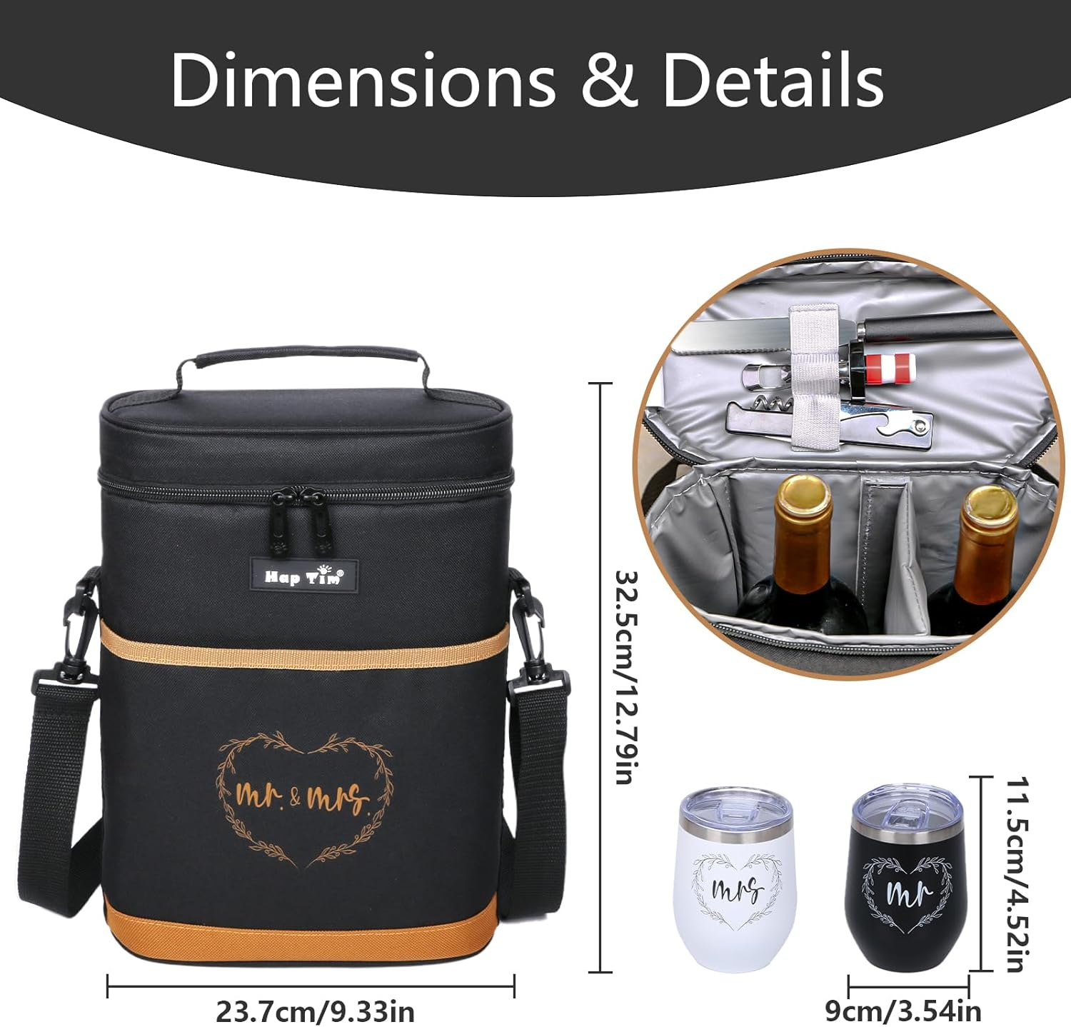Hap Tim Wedding Gifts for Couples, Bridal Shower Gifts, Engagement Gifts for Newlyweds, Mr and Mrs Gifts - Wine Cooler Bag Insulated Wine Carrier Tote with Tumblers, Bamboo Cheese Borad (AU13624-G1) - Black image number 6