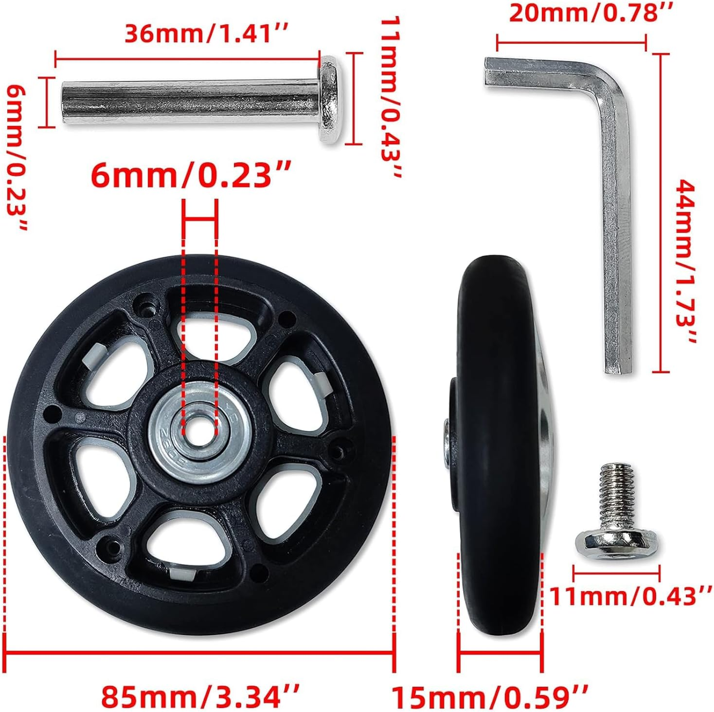 Luggage Suitcase Replacement Wheels 360 Spinner Wear Resistant Rubber Caster Deluxe Repair Tool Kits with Metal Bearings Axles M6 X 36Mm, Black, 60Mm X 18Mm X 6Mm, 2Pcs