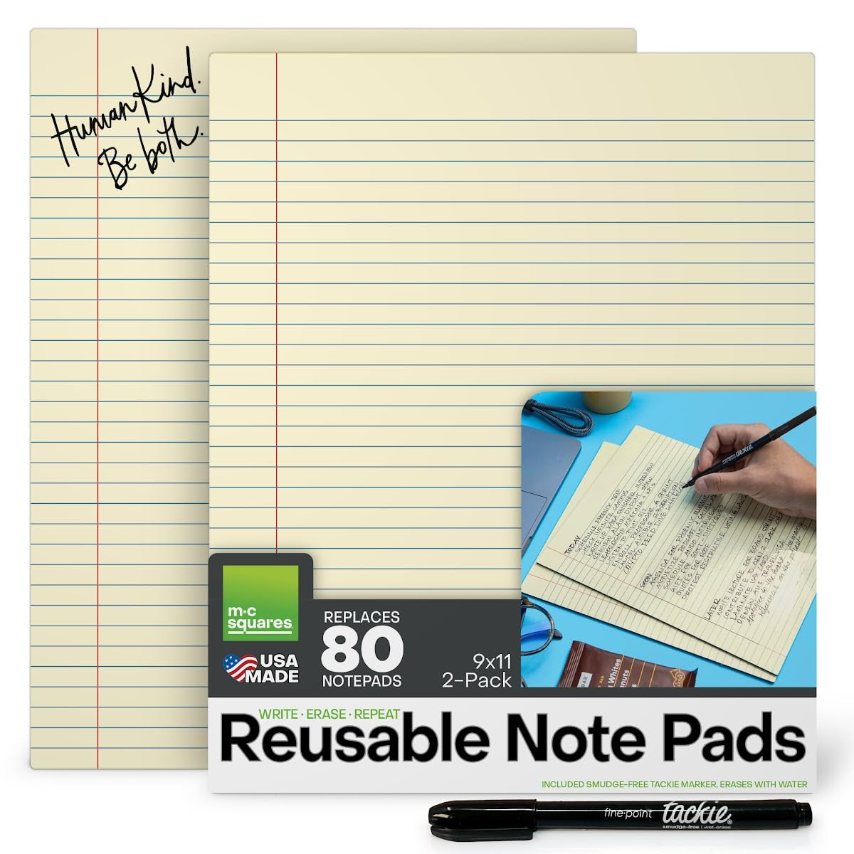 M.C. Squares Reusable Letter Legal Pads | 9X11 2-Pack | Lined Canary Yellow Dry Erase Notebook Front, White Board Back for Office, Home, School | Included Wet-Erase Tackie Marker | USA Made image number 2
