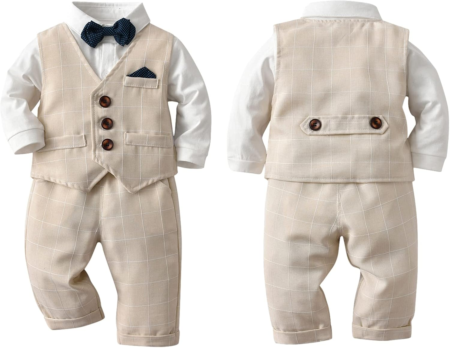 Amokk Baby Boy Formal Outfits White Shirt + Plaid Waistcoat + Pants + Bowtie 4Pcs Gentleman Clothing Set for 1St Birthday