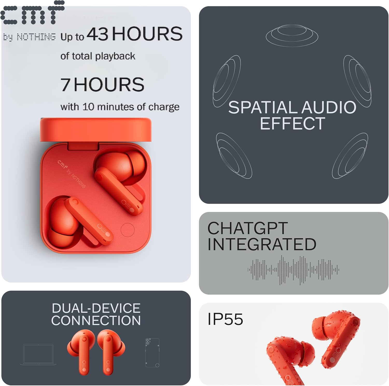 CMF by Nothing Buds Pro 2 Wireless Earbuds, Hi-Res Audio with LDAC, 50 Db Hybrid Noise Cancellation Earphones, Ultra Bass Technology, Bluetooth 5.3, 6 HD Mics Headphones, Orange image number 4