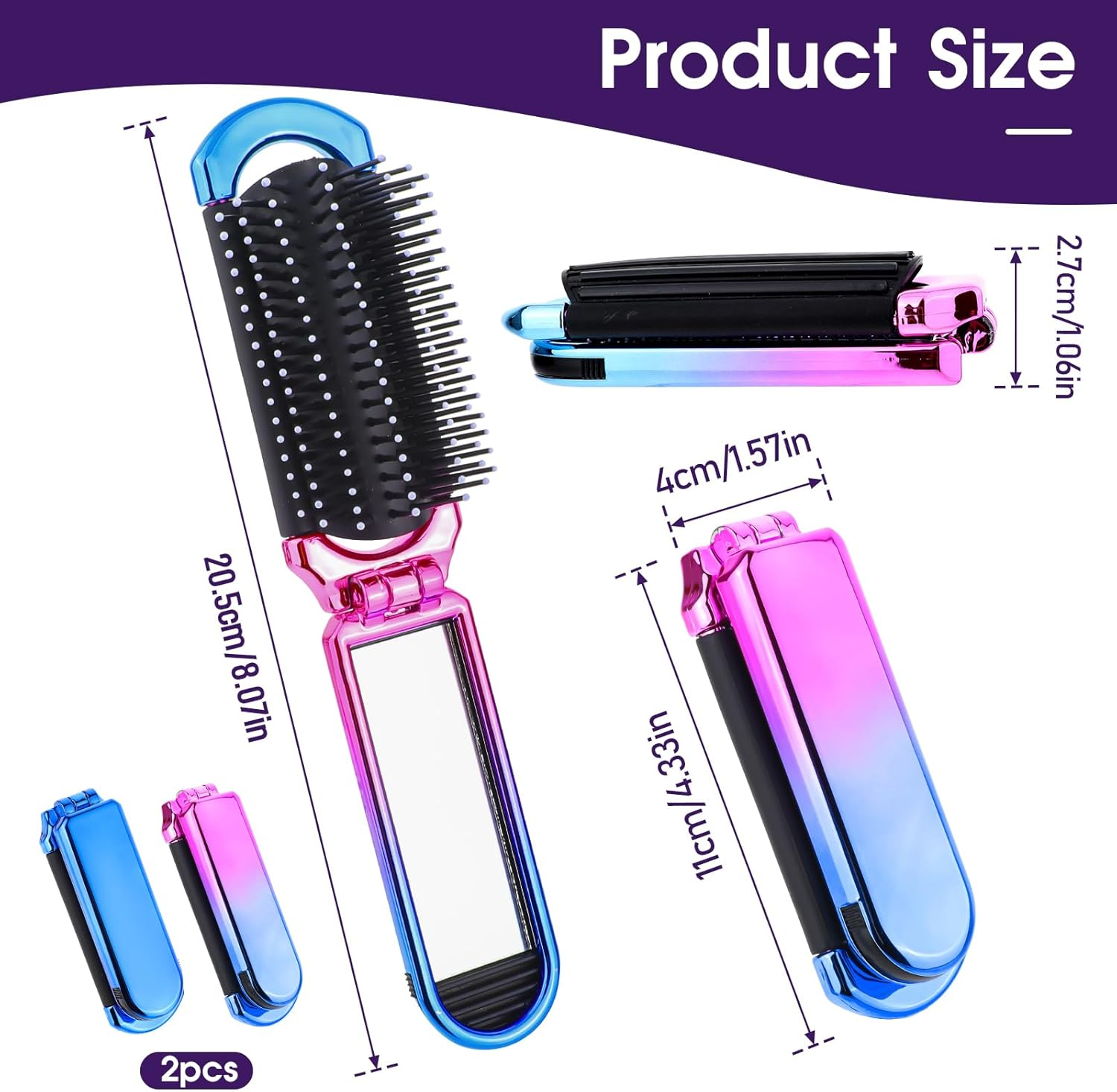 Travel Hair Brush with Mirror, Pack of 2, Foldable Wet Hair Brush, Hair Massage Comb in Travel Size, Compact Hair Brush for Women and Men, Hair Styling Tools (Pink & Blue) image number 1