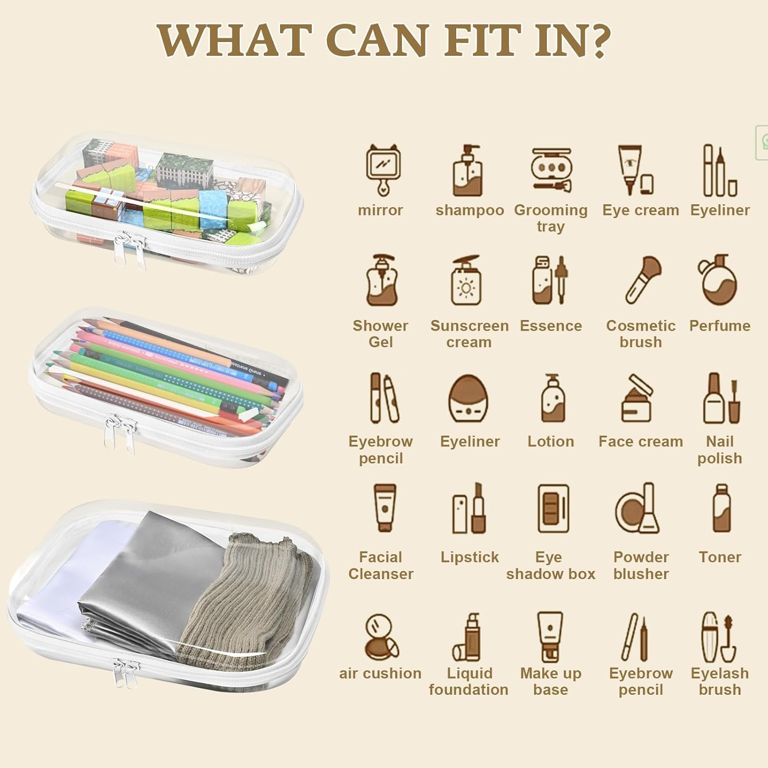 CHONYI 3PCS Clear Organizer Bags,Hard Sided Clear Zipper Case for Storage,Toy Bins Zipper Toiletry Pouches Travel Organizer Snacks Cosmetics (Black) image number 3