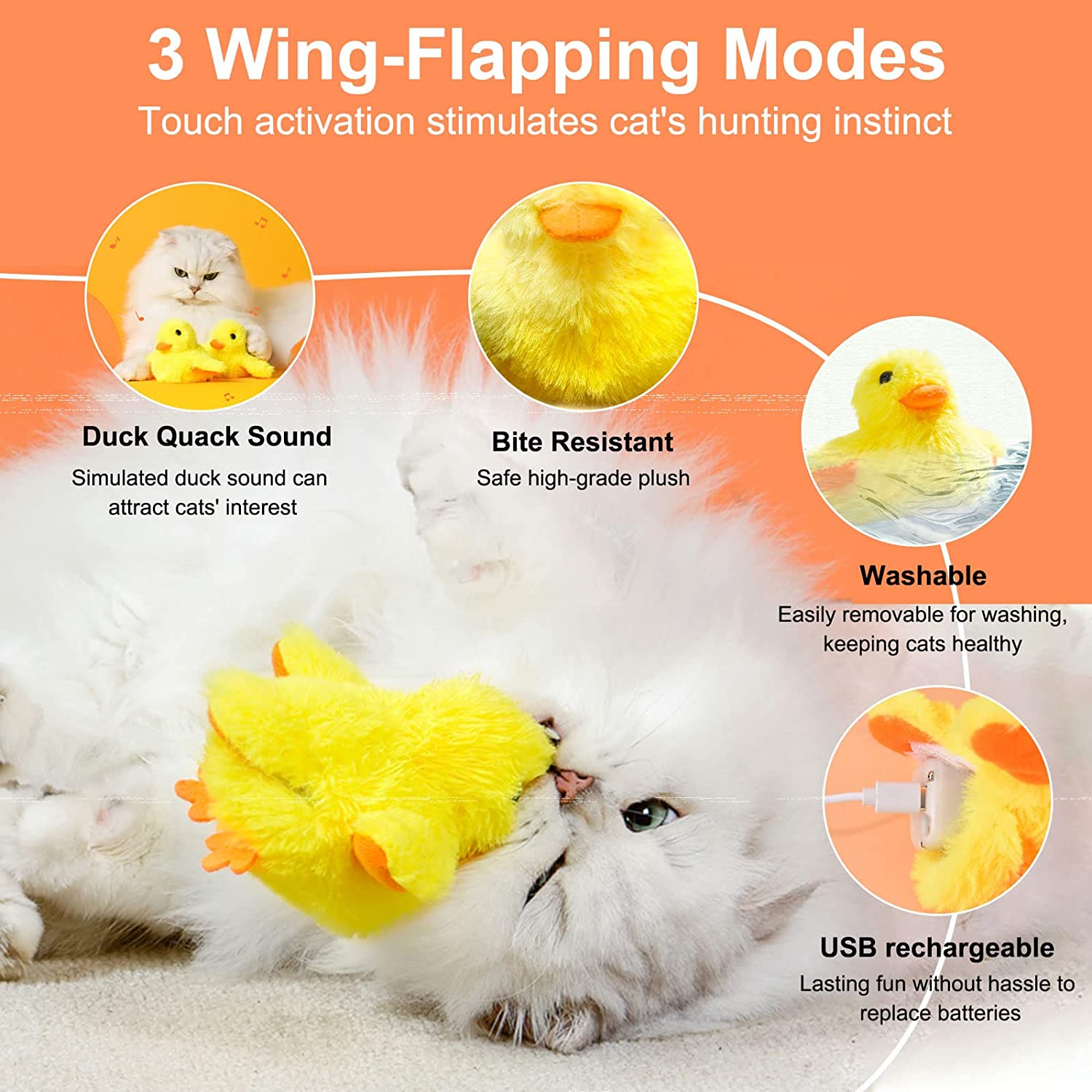 PAWCHIE Interactive Cat Toys Duck-Catnip Chew Toy,Usb Rechargeable Plush Duck Toy,Realistic Duck Quack and Electric Flapping Wings Duck Toy,For Cat Chewing, Kicking and Exercise (Yellow) image number 3