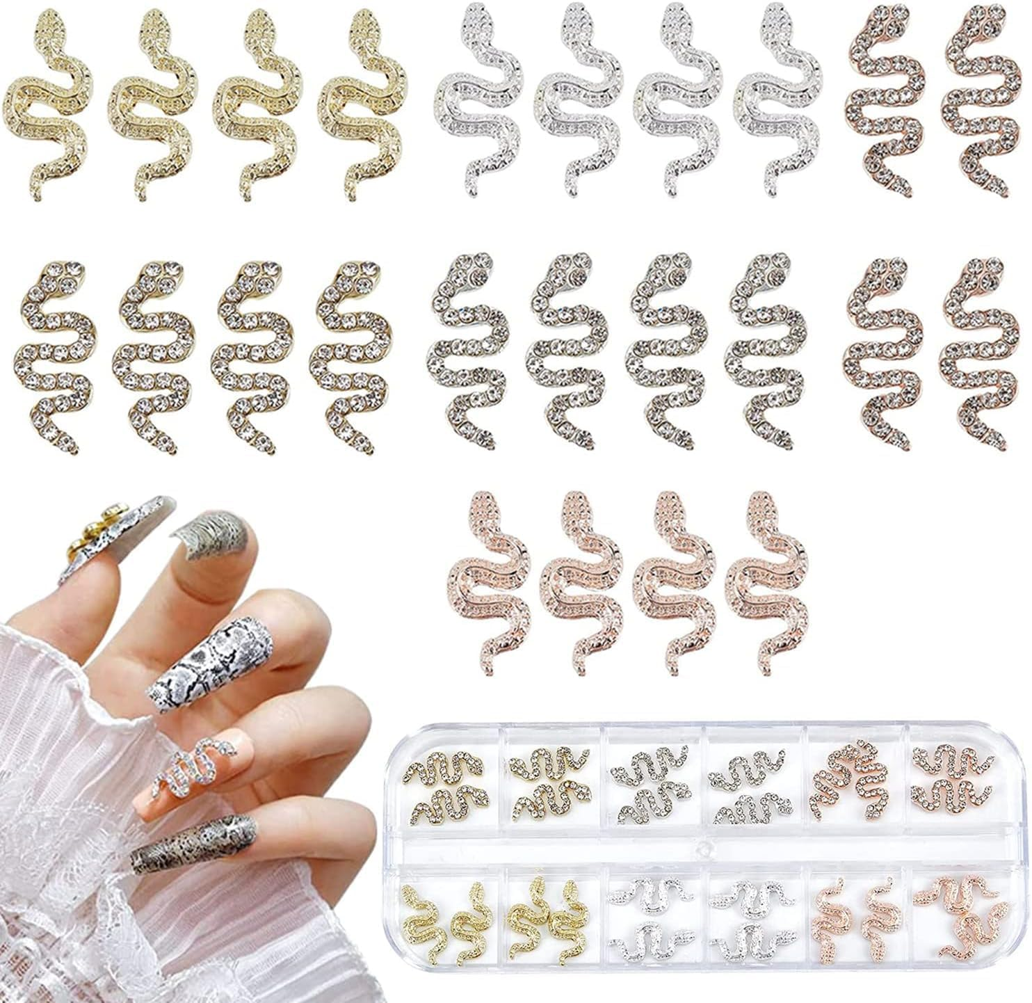 24 3D Snake Nails Charm Street Stone Nail Metal Make Nails Jewellery Art Jewellery Flashed Stone Nails Art Decorative Jewellery Nail Accessories (Rhinestone) Colour image number 1