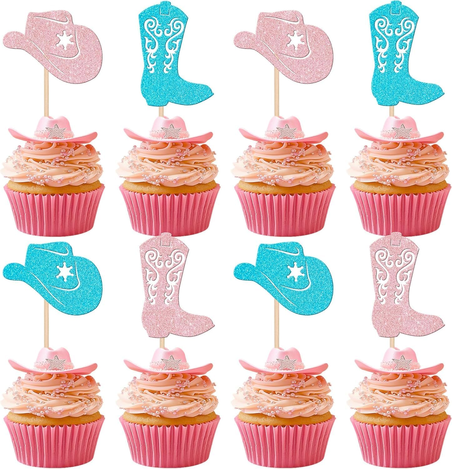 SYKYCTCY 24 Pack Cowboy Cupcake Toppers Glitter Hat Boot Cupcake Picks Western Cowboy Birthday Cake Decorations for Western Theme Baby Shower Birthday Party Supplies (Pink)