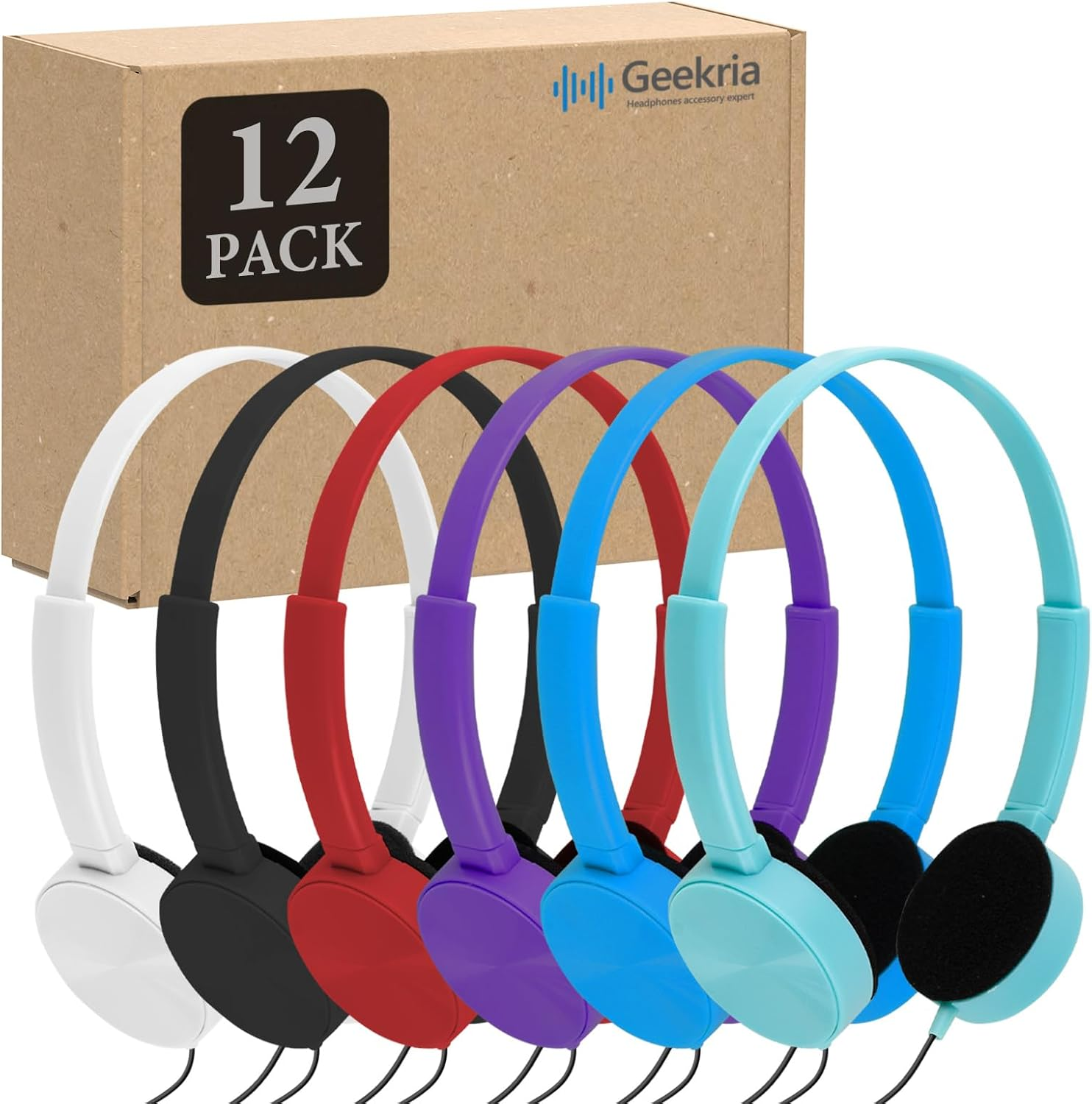 Geekria 24 Pack Wired Headphones for Classroom Adjustable On-Ear Headphones, Kids Headphones Wholesale Children On-Ear Headset for Schools, Student, Libraries, Computer Lab, Bulk Pack