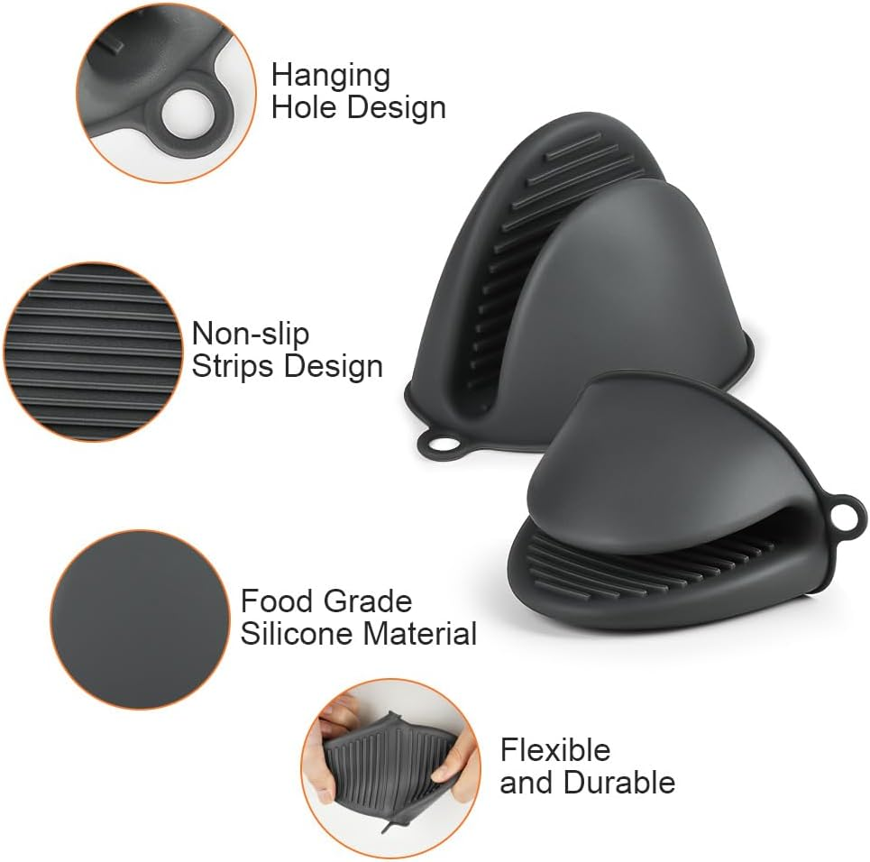 AUAUY 1 Pair Mini Silicone Oven Mitts, Heat Resistant Pot Holders Mitts, Cute Oven Pinch Grip Gloves, Small Potholders for Kitchen, Air Fryer Mitts Pair for Cooking, Baking and Grilling (Grey) - Mini Silicone-Grey image number 2