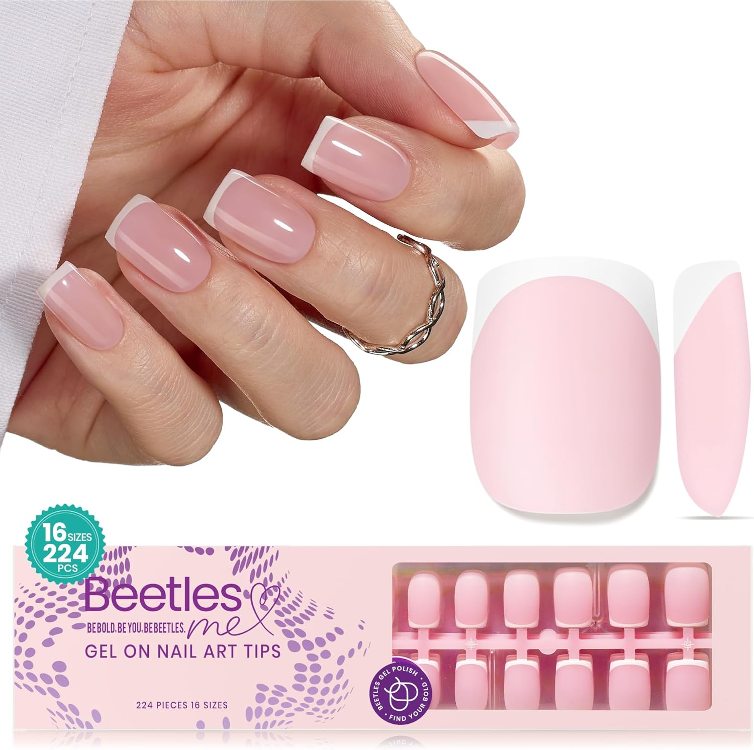Beetles Gel Polish Short Square Nails with French Tip, 224 Pieces, Pink Shaped Tips, No File Needed, for DIY Artistic Gifts Women image number 6