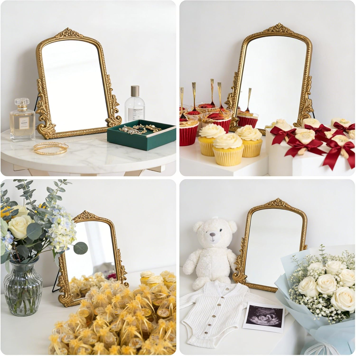 Vintage Vanity Makeup Desk Mirror，Antique Traditional Chic Arch Table Mirror Gold，Decor Wood Framed Small Standing Carved Arendahl Mirror for Living Room,Bedroom,Tabletop 11.8" X 9.6"