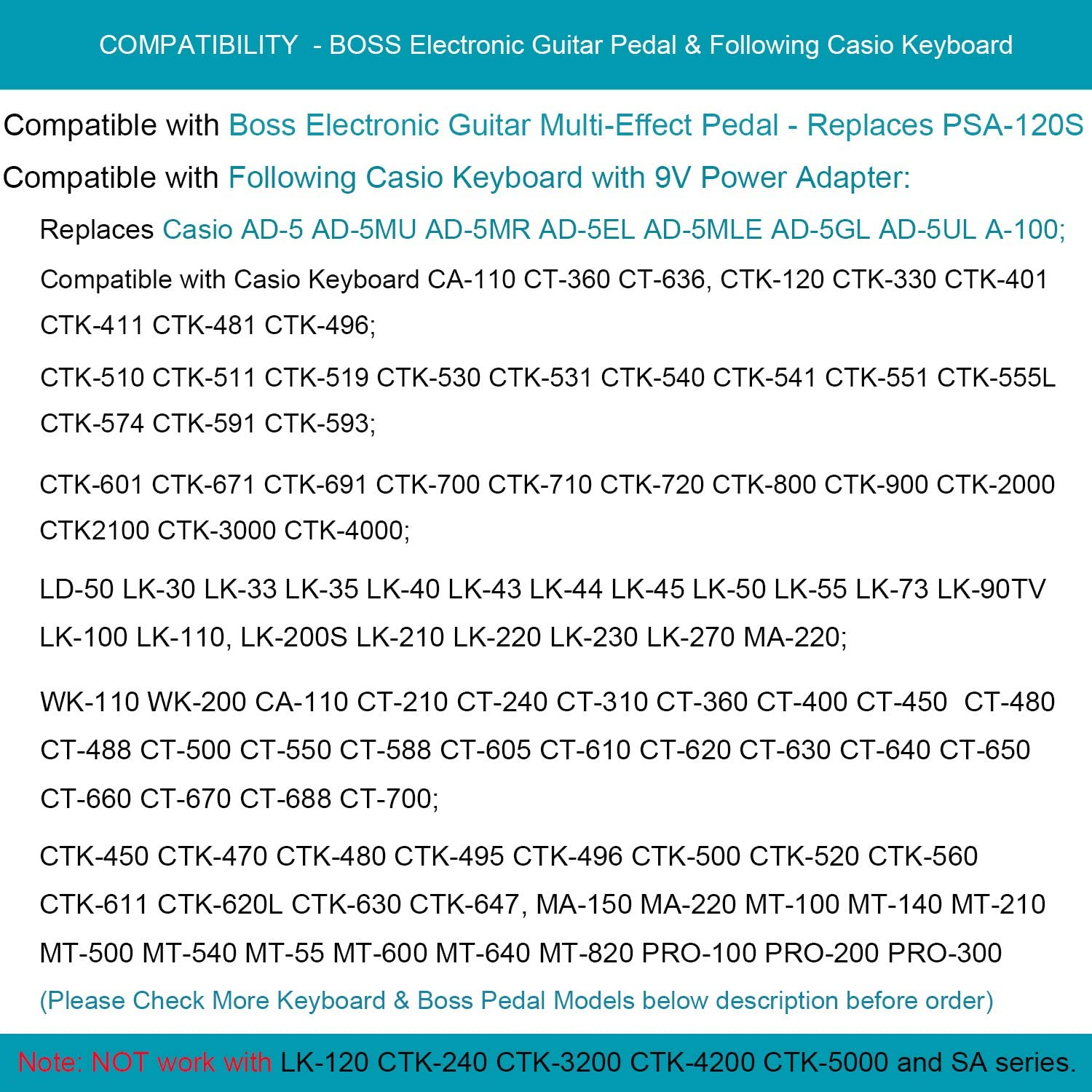 Maxllto 6Ft AC Power Adapter Fits Casio CA-100 CT-625 CT-638 CT-700 CT-770 CTK-3000 image number 4