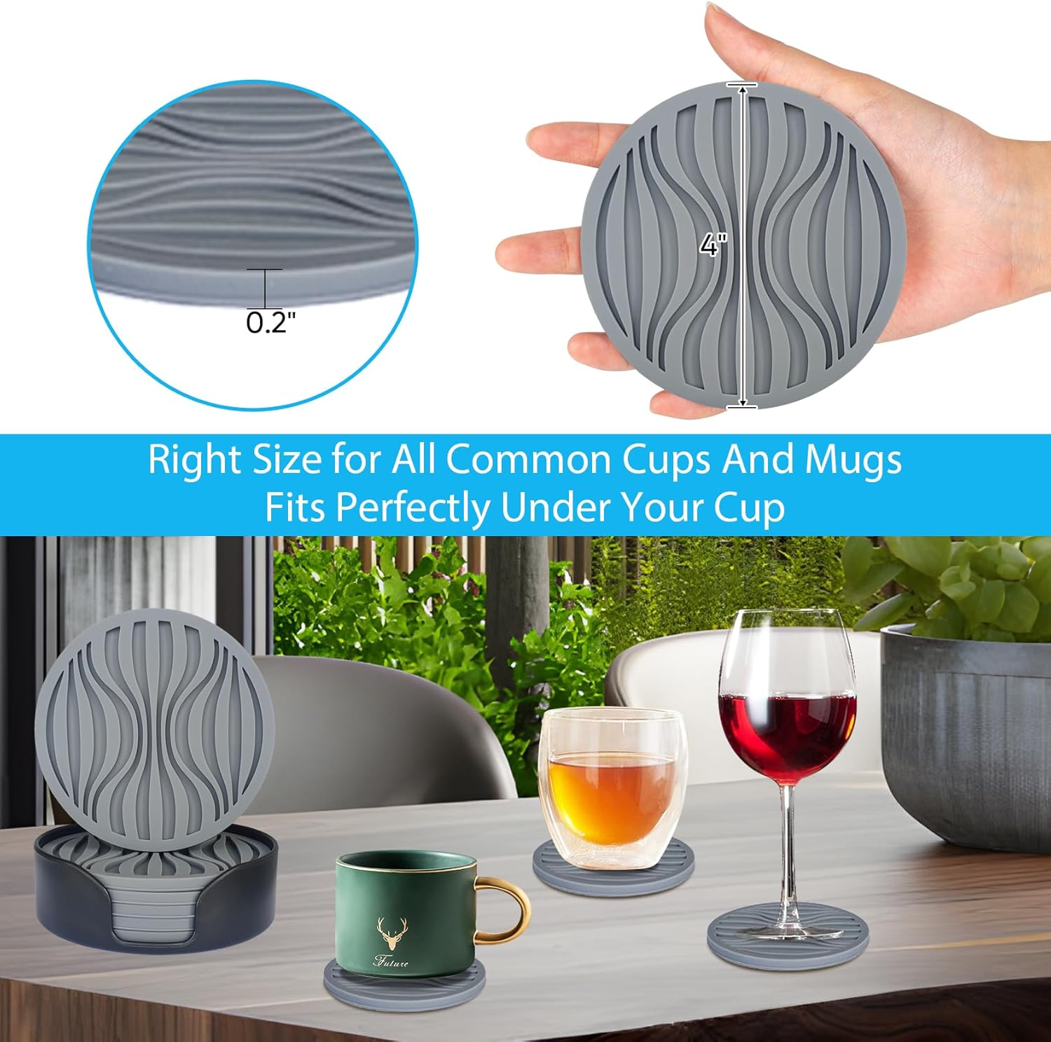6 Pack Rubber Drink Coasters,Coasters for Drink with Holder,Silicone Cup Mat Non-Stick,Non-Slip,Thickened Live for Hot or Cold Drink-Pure Gray image number 4