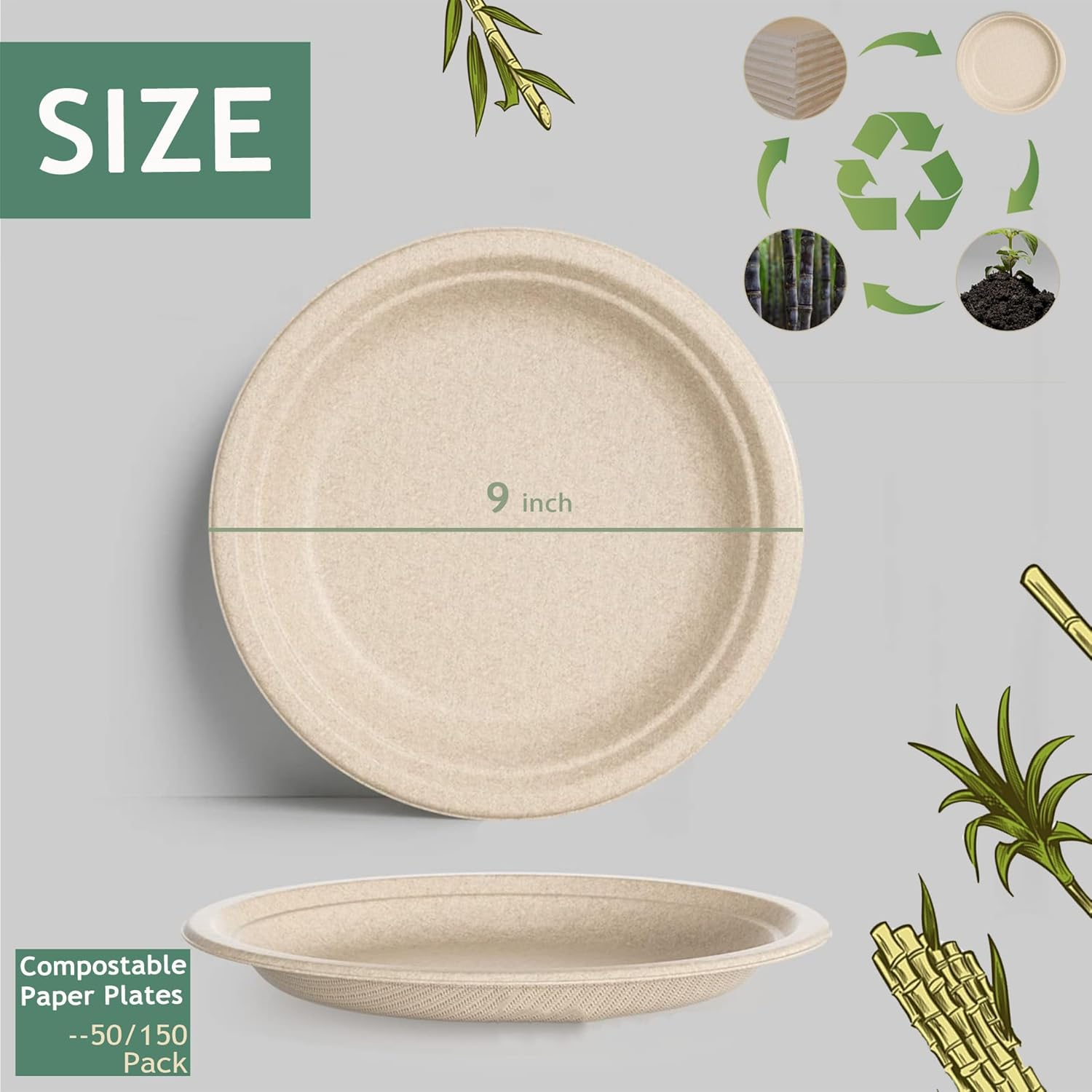 100% Compostable Paper Plates, 150-Pack Heavy Duty Disposable Plates 9 Inch Plates - Eco-Friendly, Biodegradable Paper Fiber, Natural Unbleached Brown 9" Dinner Paper Plate Disposable (150) image number 1