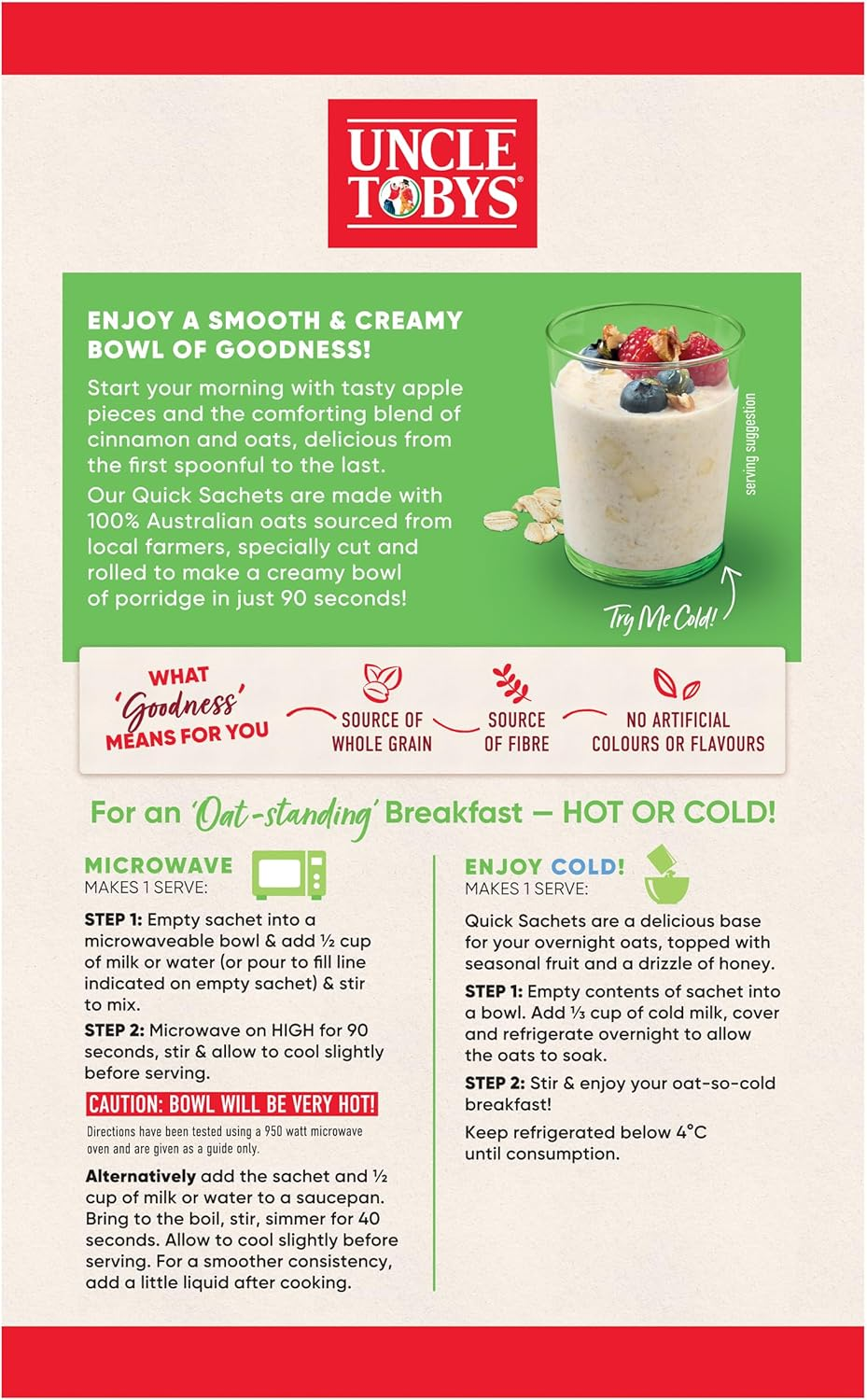 UNCLE TOBYS Oats Quick Sachets Apple & Cinnamon, 10 Sachets