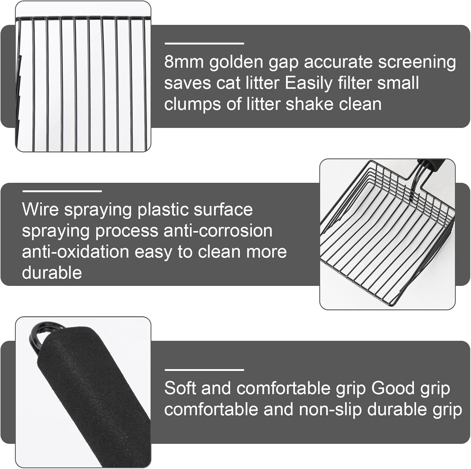 HOMURY Cat Litter Scoop: Metal Cat Litter Scoop for Cat Litter Tray, Sand Leakage Distance 0.8 Cm, Shovel with Handy Handle for Cat Litter Tray Cleaning Tools for Cats (Black) image number 2