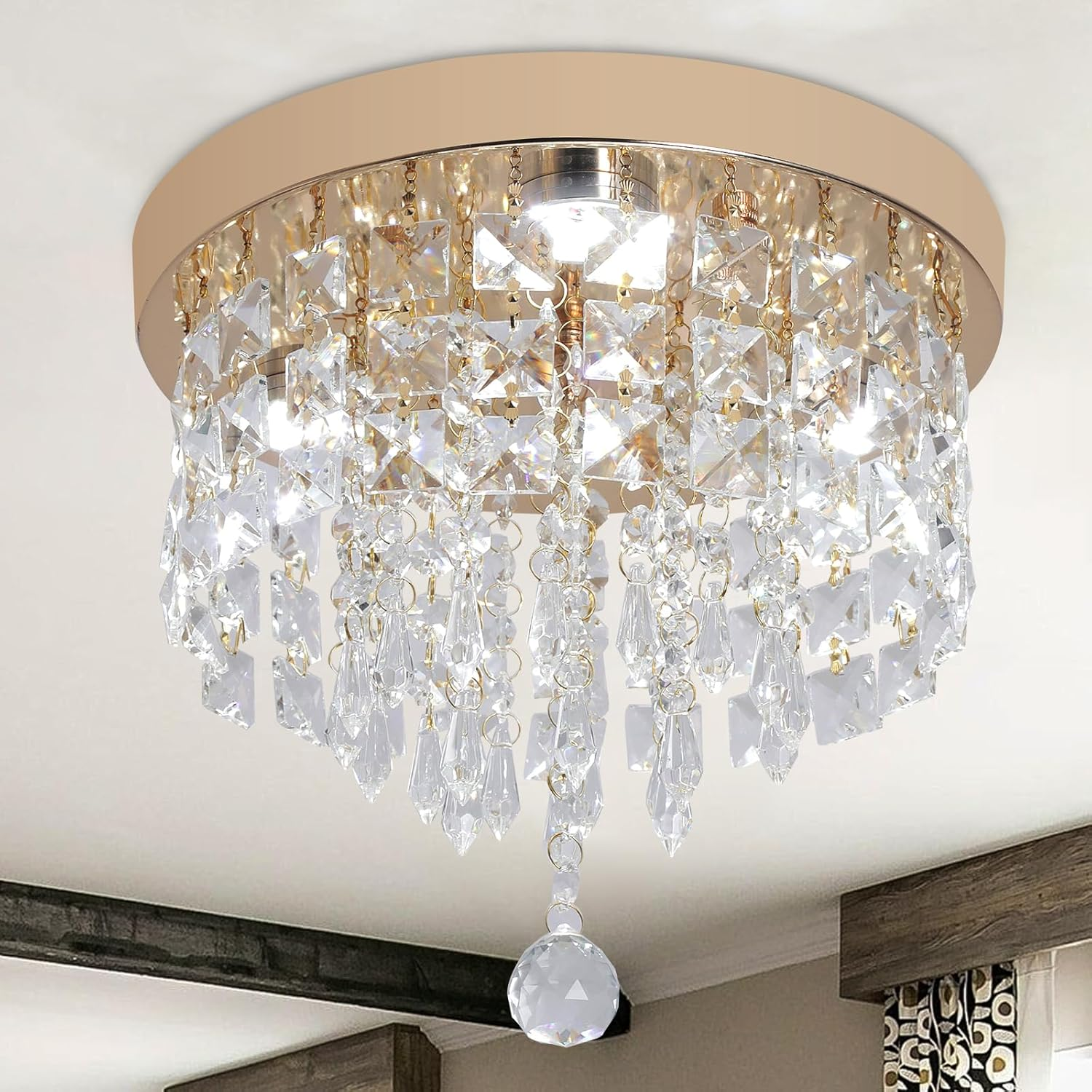 Deckrico Modern Gold Crystal Ceiling Light - Flat LED Light for Hallway, Bedroom, Kitchen, Wardrobe - Cool White