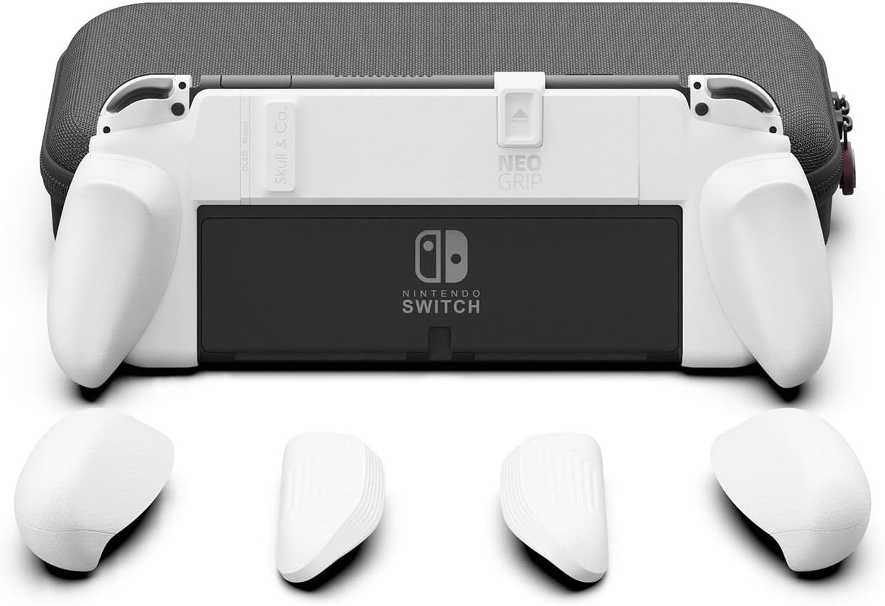 Skull & Co. Neogrip Bundle: an Ergonomic Grip Hard Shell with Replaceable Grips [To Fit All Hands Sizes] for Nintendo Switch OLED and Regular Model [With Carrying Case] - Neon Blue(L)+Neon Red(R)