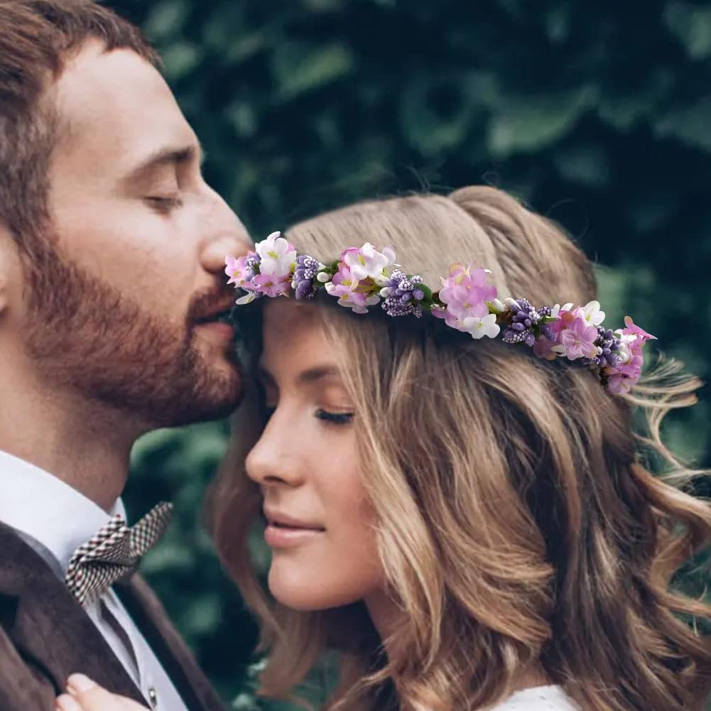 AKOAK 1 Pack Purple Flower Crown, Bohemian Wreath for Girls Floral Headwear, Adjustable Wedding Headband for Weddings, Baby Showers, Family Photos and Fancy Soiree image number 6