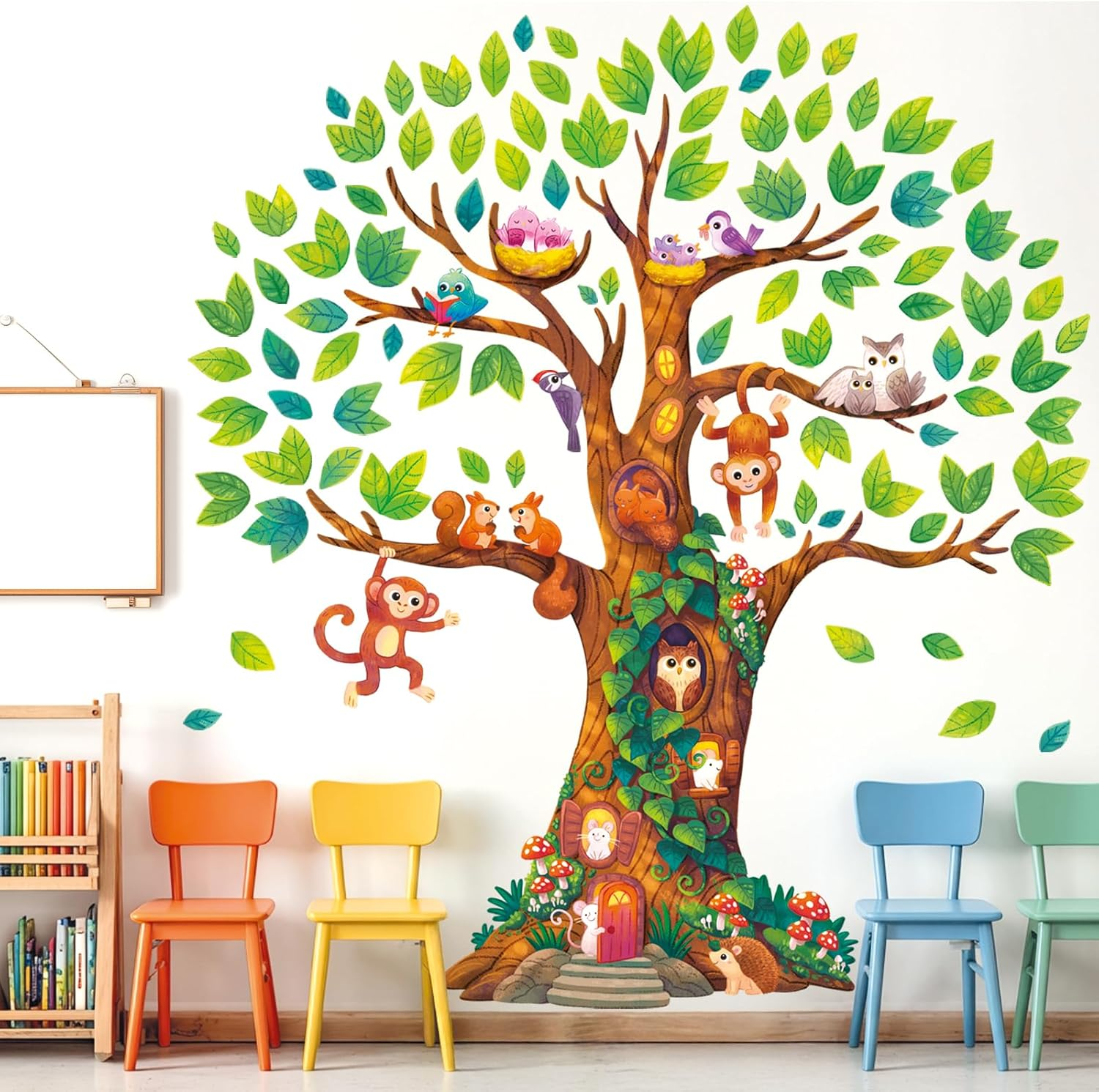 DECOWALL Treehouse Animal Wall Stickers &ndash; Monkeys, Owls, Birds & Squirrels Tree Decals for Kids Bedroom, Nursery or Playroom Decor (DL4-2303) image number 1