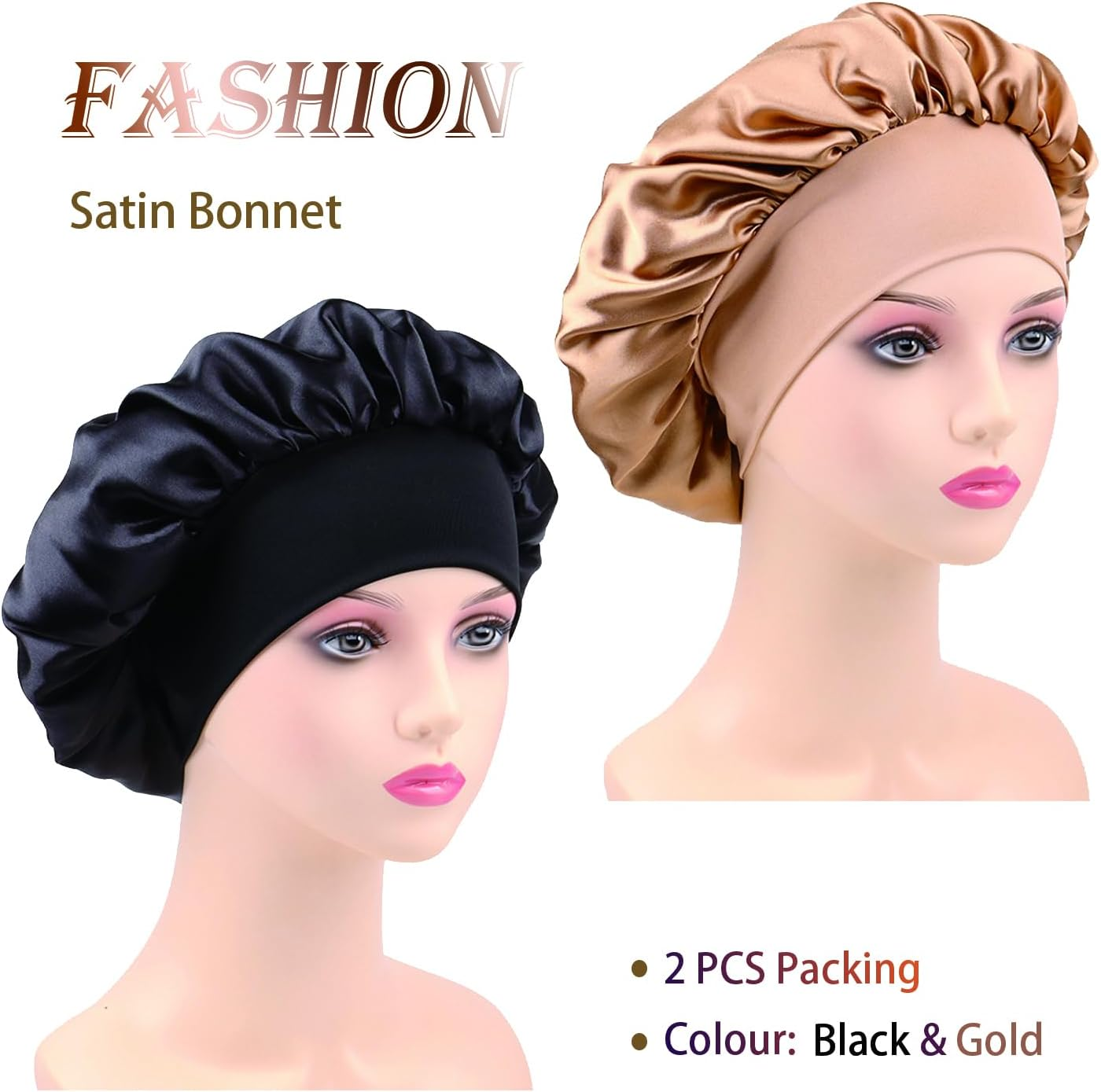 2PCS Silk Satin Bonnet for Sleeping, Soft Elastic Band Hair Bonnet for Women Curly Natural Hair, Double-Layer Silk Satin Sleeping Cap, Shower Cap for Women(Black&Golden) image number 3