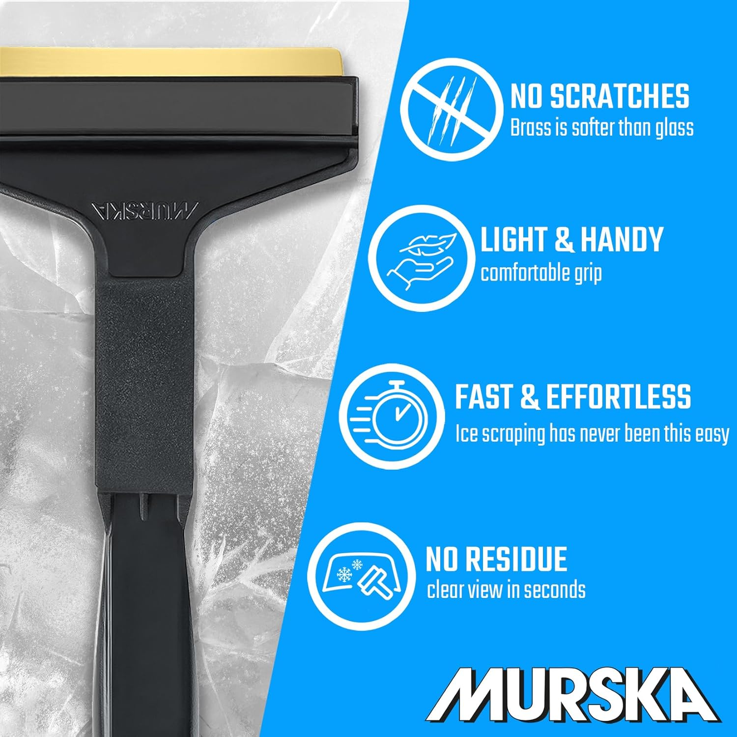 Ice Scraper Car &ndash; Brass Windscreen Scraper Car &ndash; Fast, Effortless & Gentle &ndash; Premium HIPS &ndash; Murska with Brass Blade & Rubber Lip &ndash; Efficient & Safe Snow Scraper Car &ndash; from Finland Black - Lp A053 Black/Blue image number 2